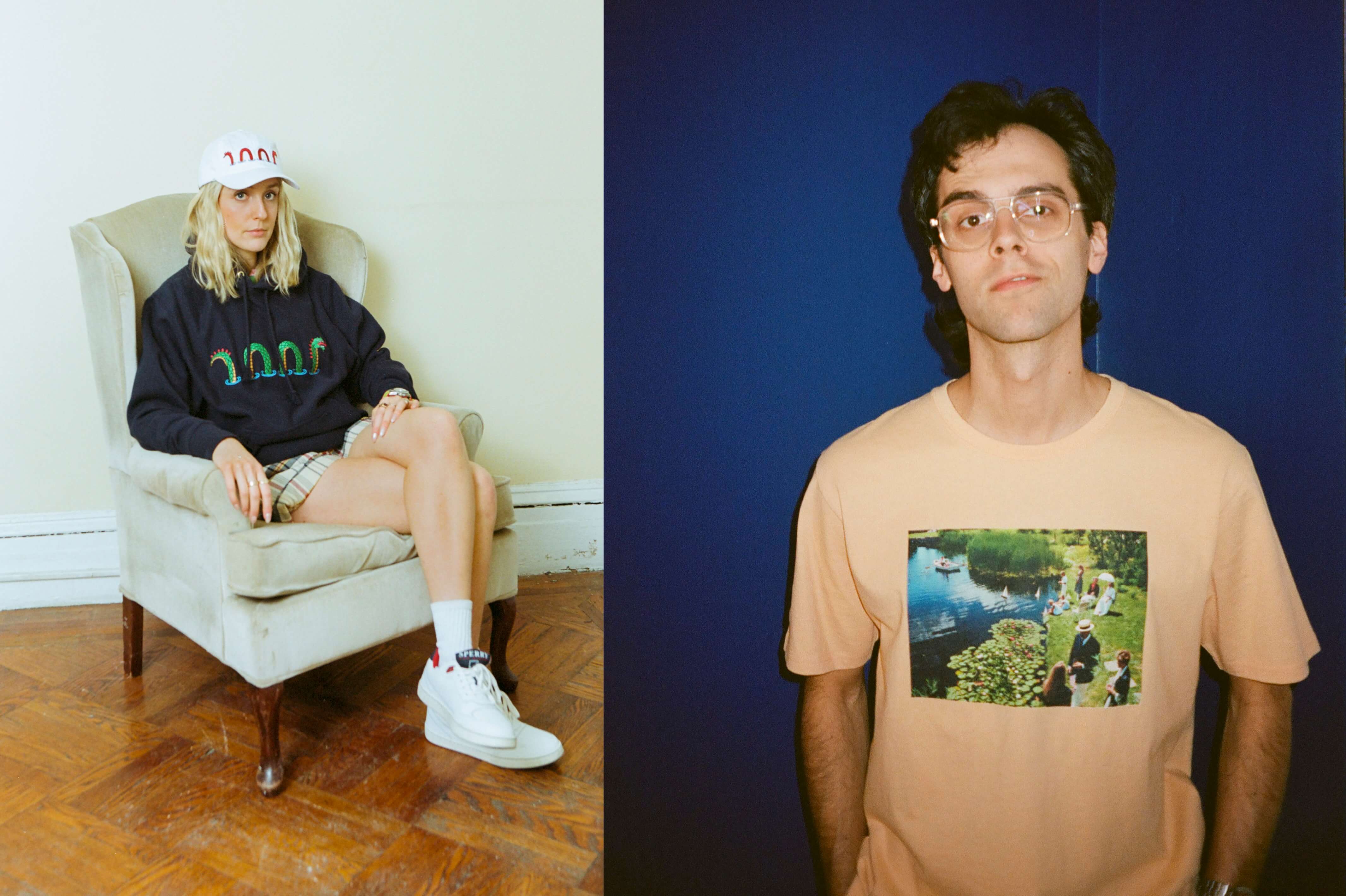 Female model wearing the Loch Ness Hoodie in navy and the Loch Ness Hat in white. Male model wearing the Slim Aarons 