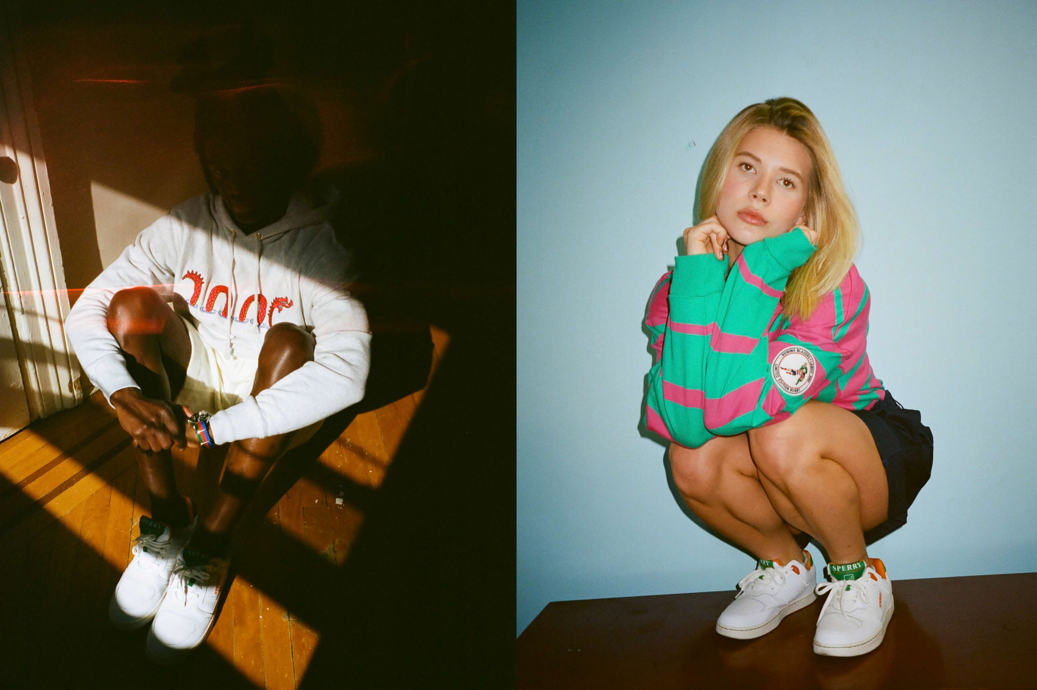 Male model wearing the Loch Ness Hoodie in grey and the Cotton Shorts in white. Female Model wearing the Rowing Blazers X Lands' End OG '90s Rugby and Cotton Shorts in navy