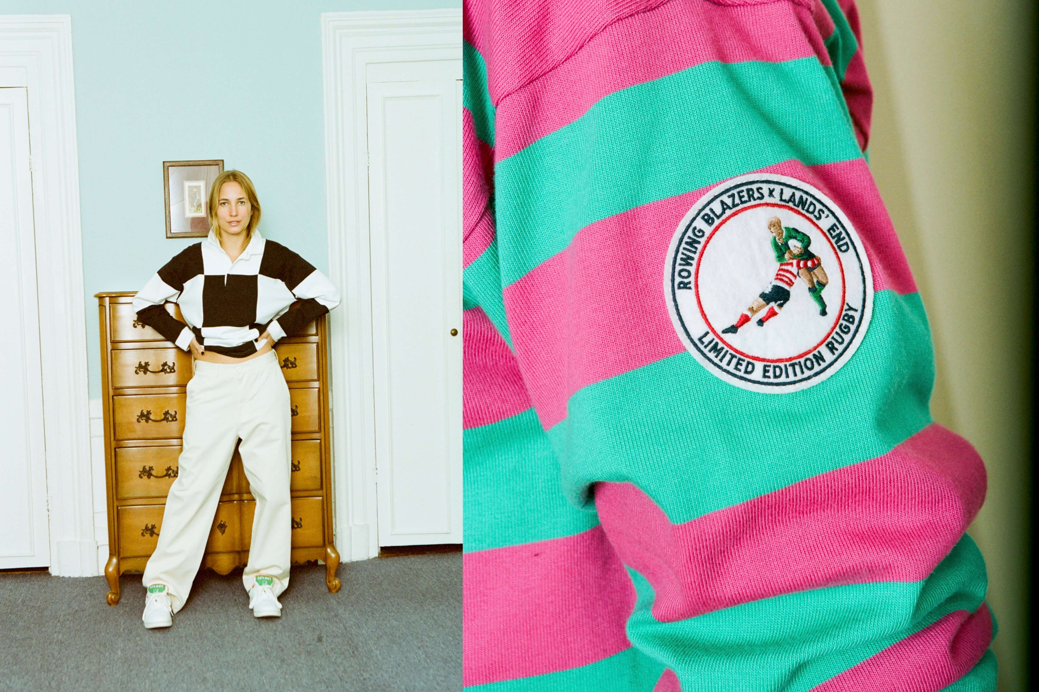 Female model wearing the Checkered Rugby and the Cream Twill Wide Leg Pants. Male model wearing the Rowing Blazers X Lands' End Og '90S Rugby