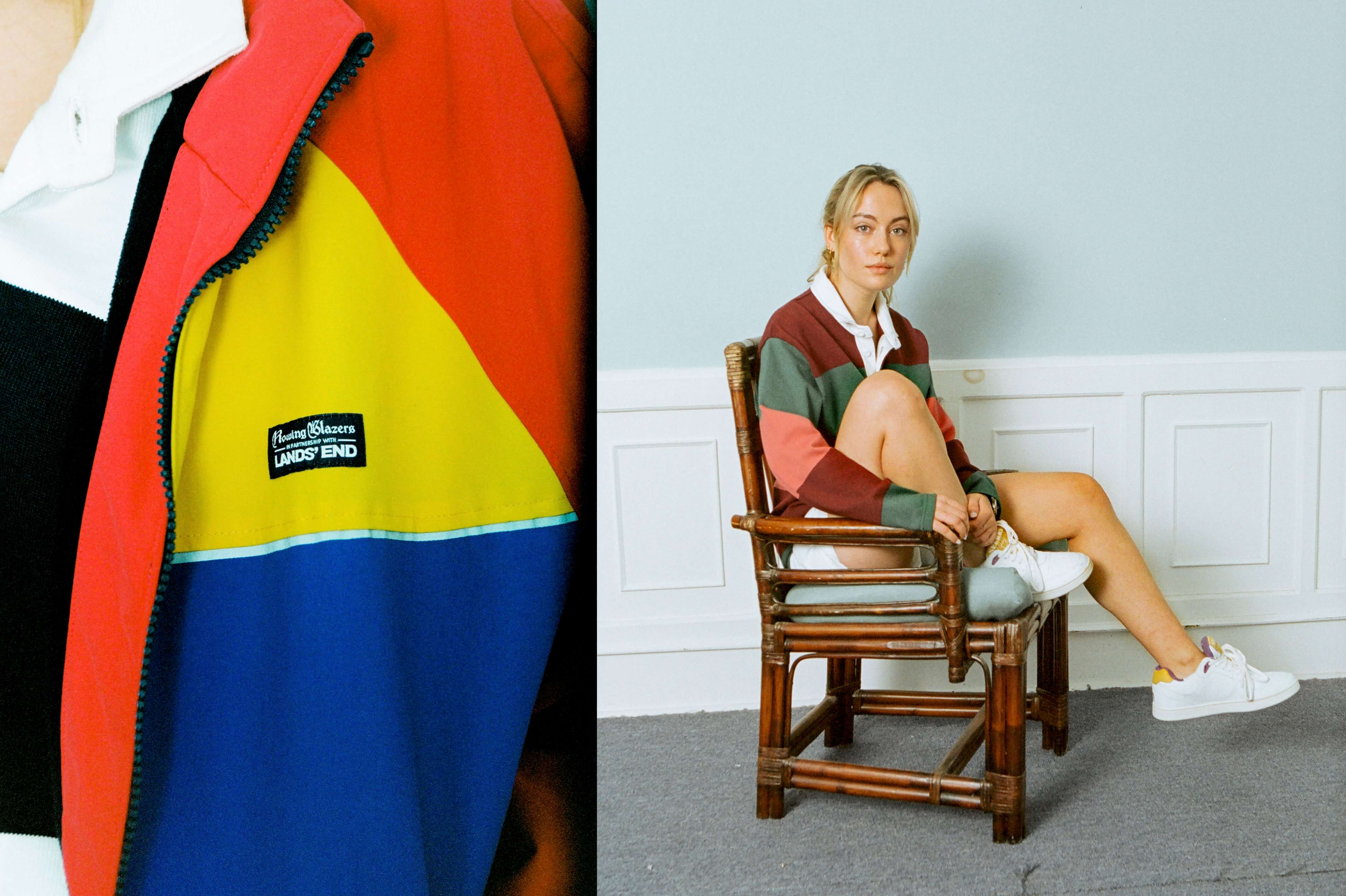 Male model wearing the Checkered Rugby and the Rowing Blazers X Lands' End Og Colorblock Lightweight Spring Squall Sailing Jacket. Female model is wearing the Mossley Rugby and the Cotton Shorts in white