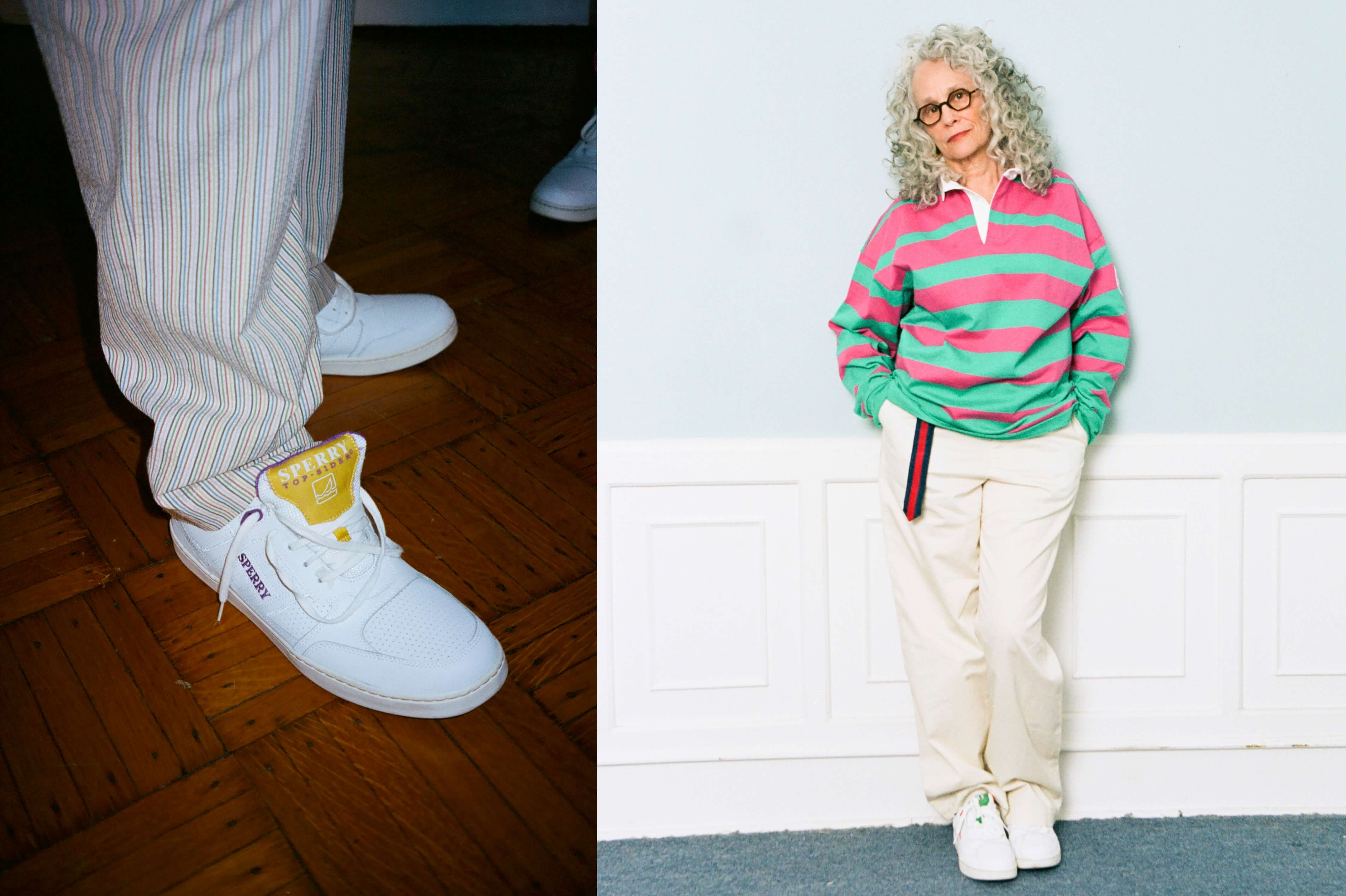 Male model wearing the Croquet Seersucker trousers and the Sperry x Rowing Blazers Cloud Cup Sneakers in purple and gold. Female model wearing the Rowing Blazers x Lands' End Og '90s Rugby and the Cream Twill Wide Leg Trousers 