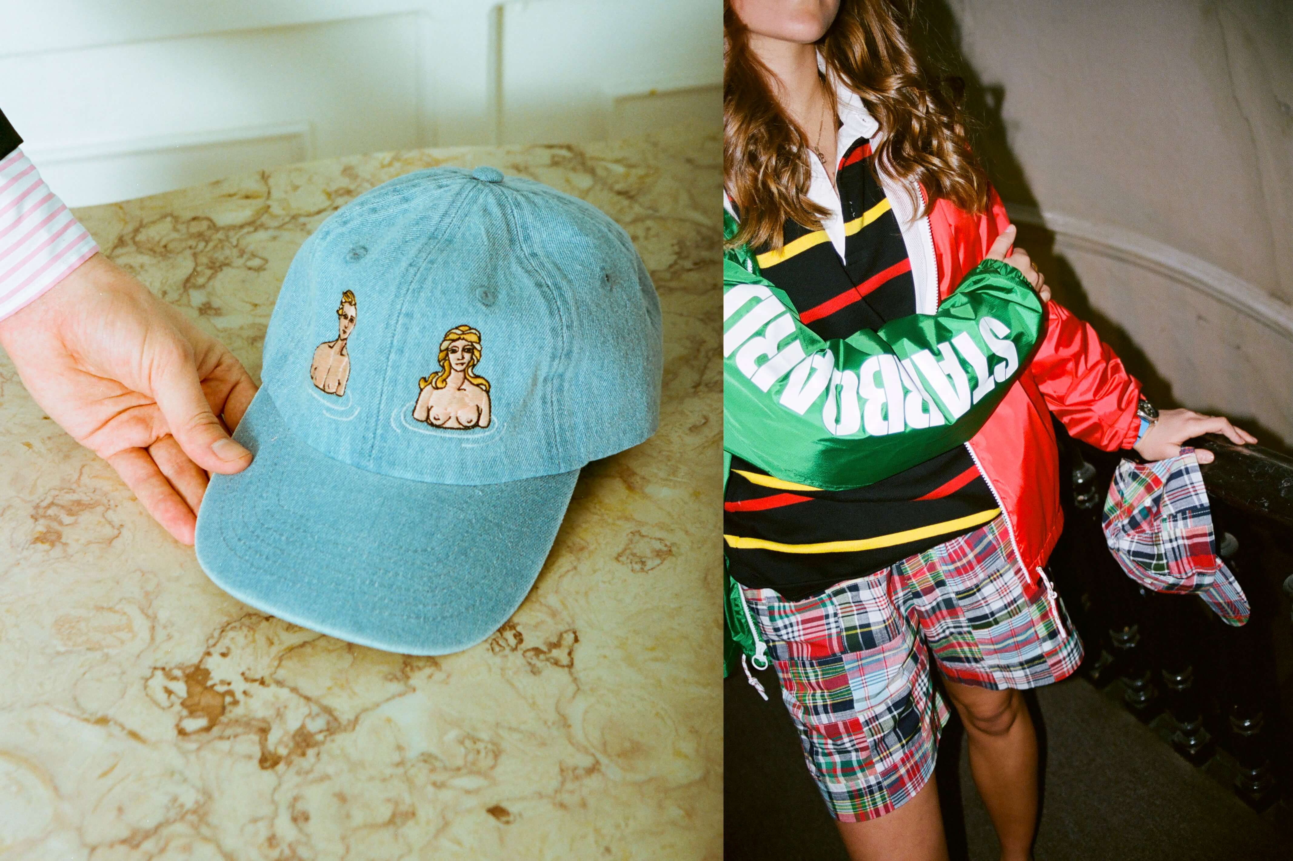 Male model holding the Adam & Even Athletics Club Hat. Female model wearing the Ashby Rugby, Bishop Patchwork Madras Shorts and the Rowing Blazers x Lands' End Port/Starboard Windbreaker