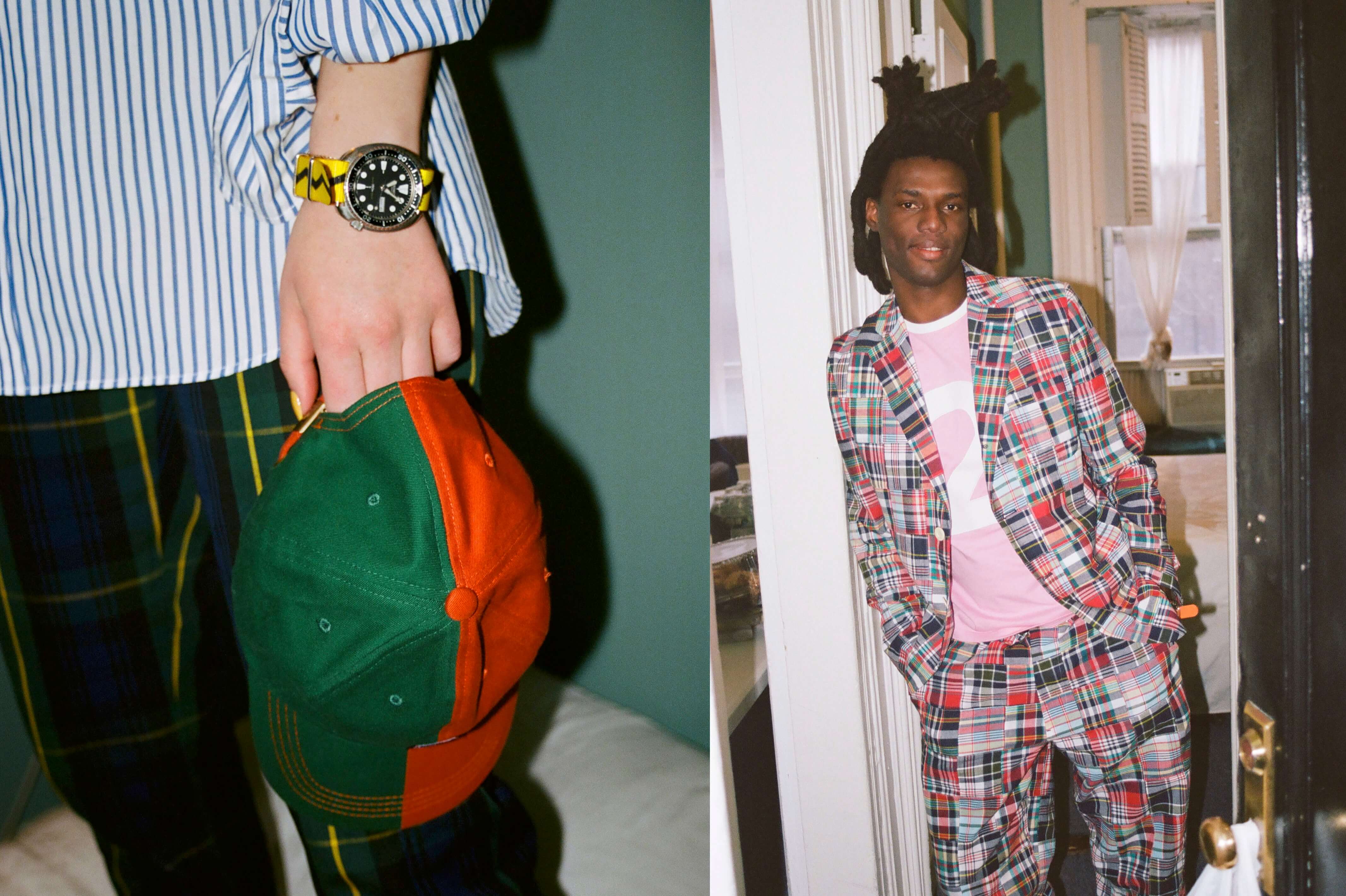 Male model wearing the Gordon Modern Tartan Japanese Cotton Tailored Trousers. Male model wearing the Bishop Madras Patchwork Blazer, the Bishop Patchwork Madras Tailored Trousers and the Number Tee #2 in pink color block