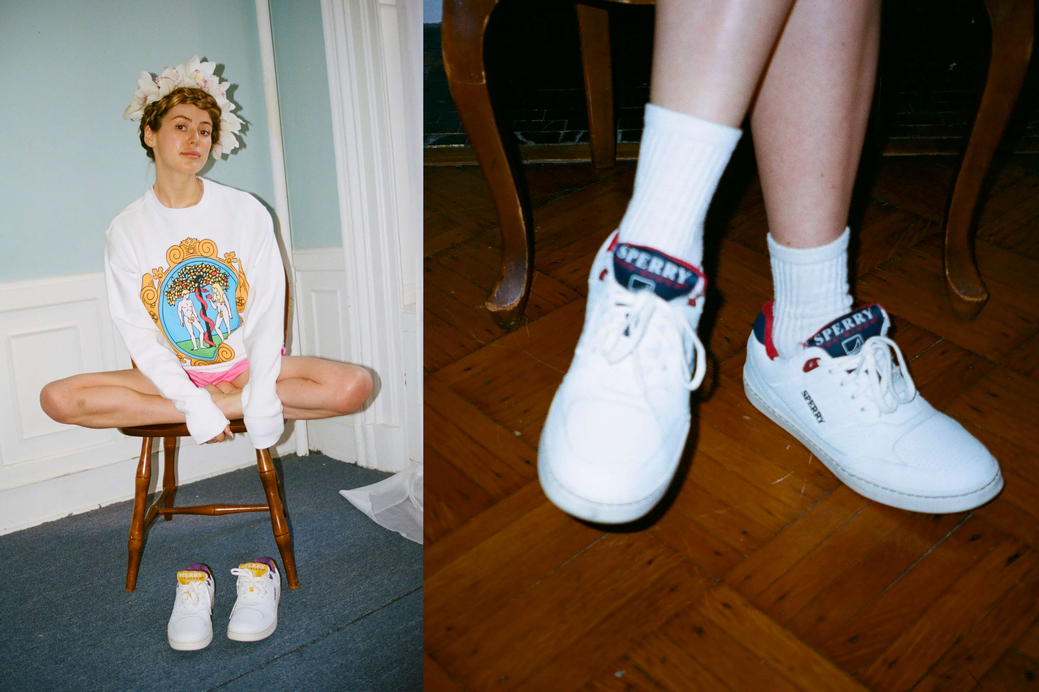 Female model wearing the Adam & Eve Athletic Crewneck in white, the Cotton Shorts in pink and the Sperry x Rowing Blazers Sperry Cloud Cup Sneaker in purple and gold. Female model wearing the Sperry x Rowing Blazers Sperry Cloud Cup in navy and red 