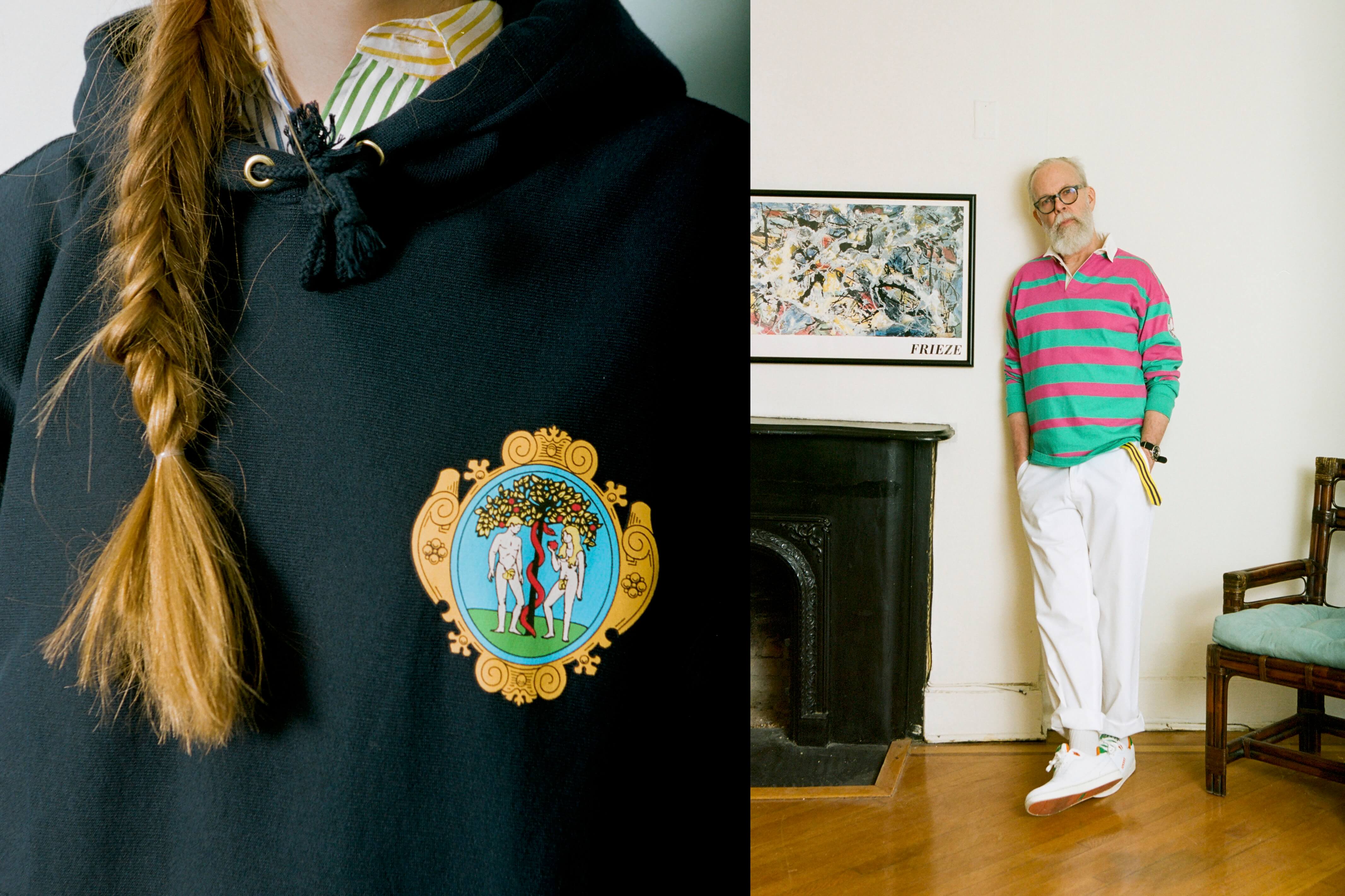 Female model wearing the Adam & Even Hoodie in navy and the OG Fun Shirt. Male model wearing the Rowing Blazers X Lands' End Og '90S Rugby and the Cotton Twill Wide Leg Trousers in white