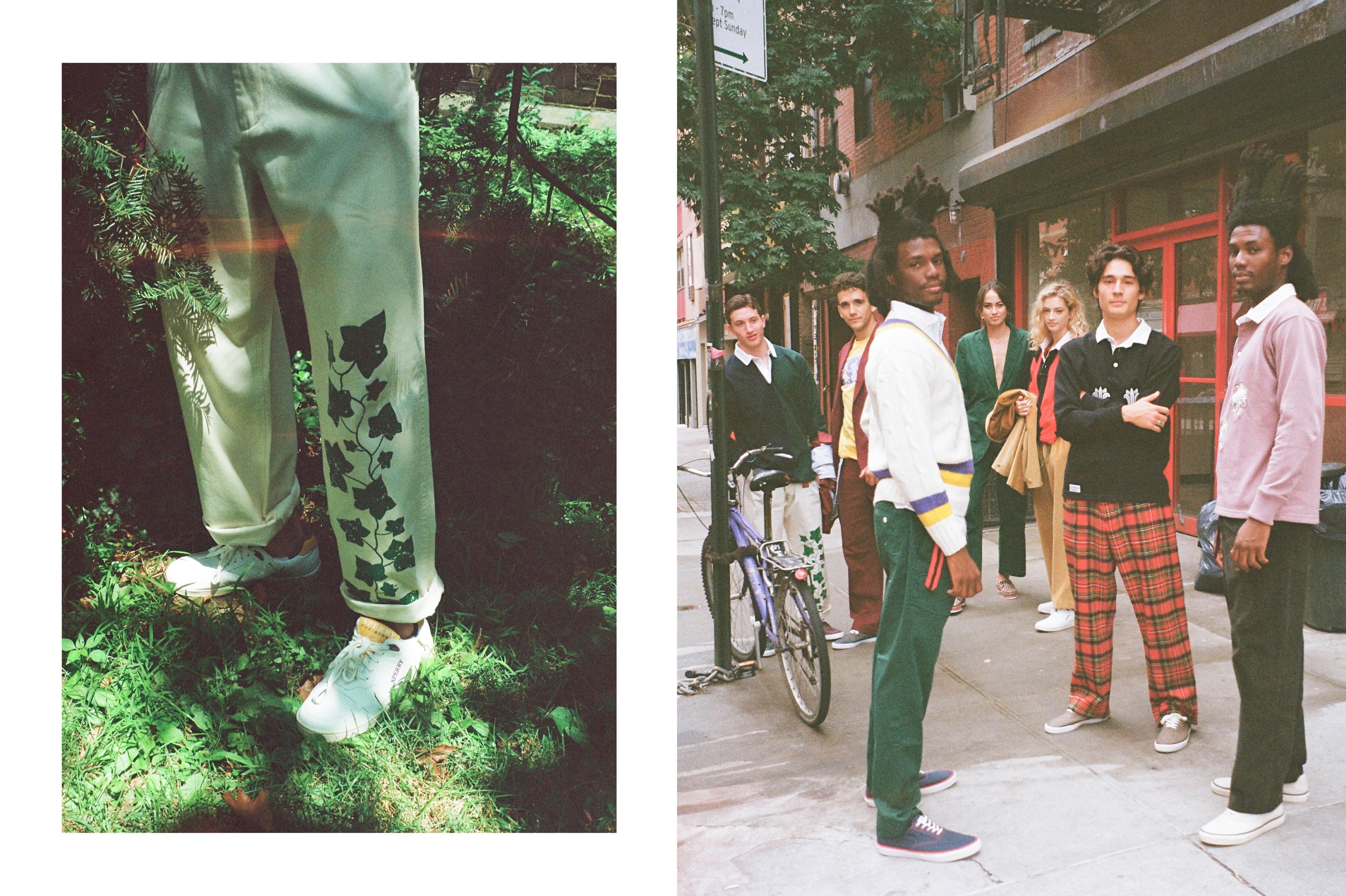 Male model wearing the Sperry x Rowing Blazers Sperry Cloud Cup Sneaker in purple and gold. Male model wearing the Cotton Twill Tailored Trousers in green and the Cream Wool Cricket Sweater in purple and yellow. Female model wearing the Vertical Stripe Rugby in black and red