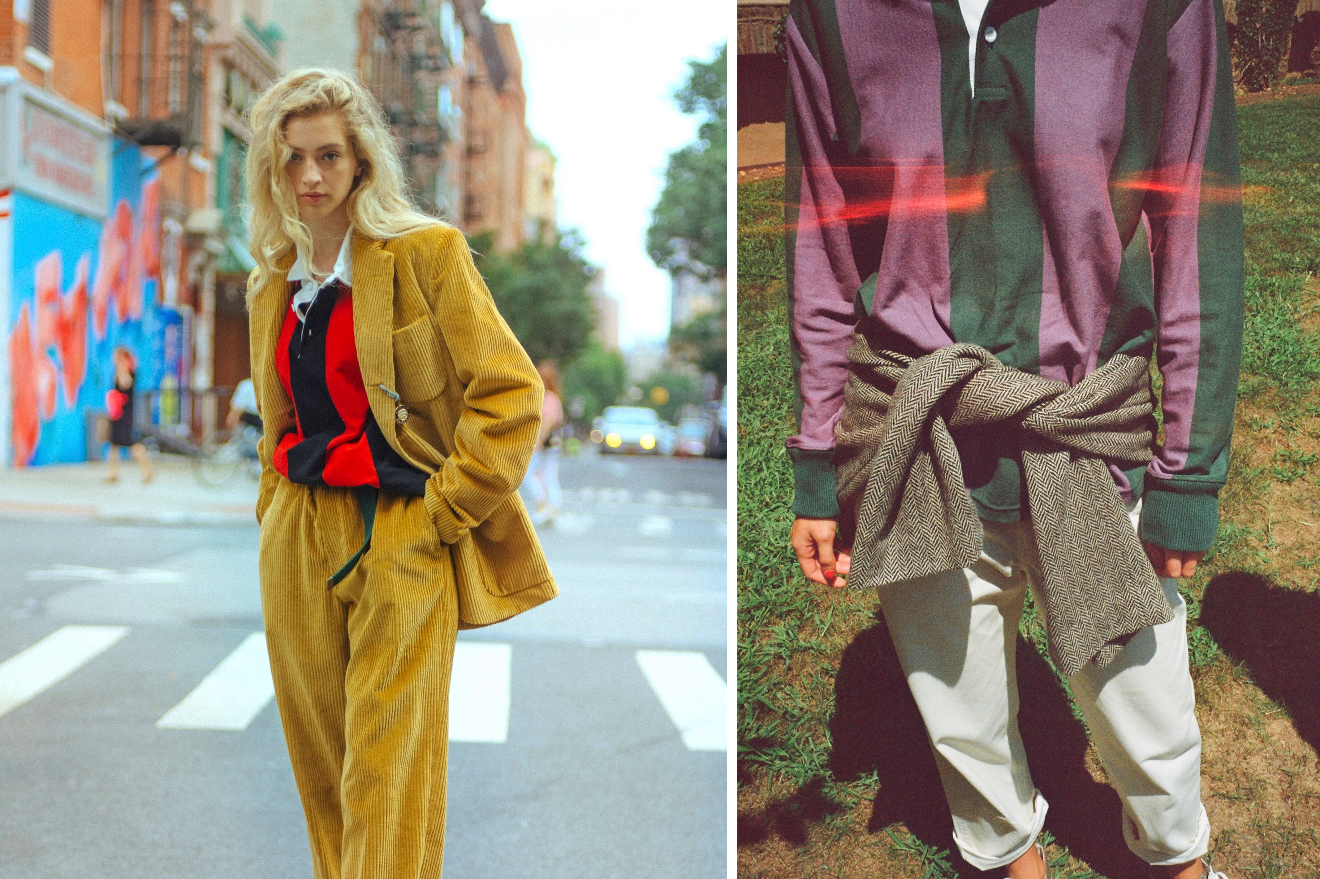 Female model wearing the Vertical Stripe Rugby, the Extra Soft Gold Corduroy Wide Leg Trousers in gold and the Extra Soft Corduroy Jacket in gold. Male model wearing the Cream Twill Wide Leg Trousers