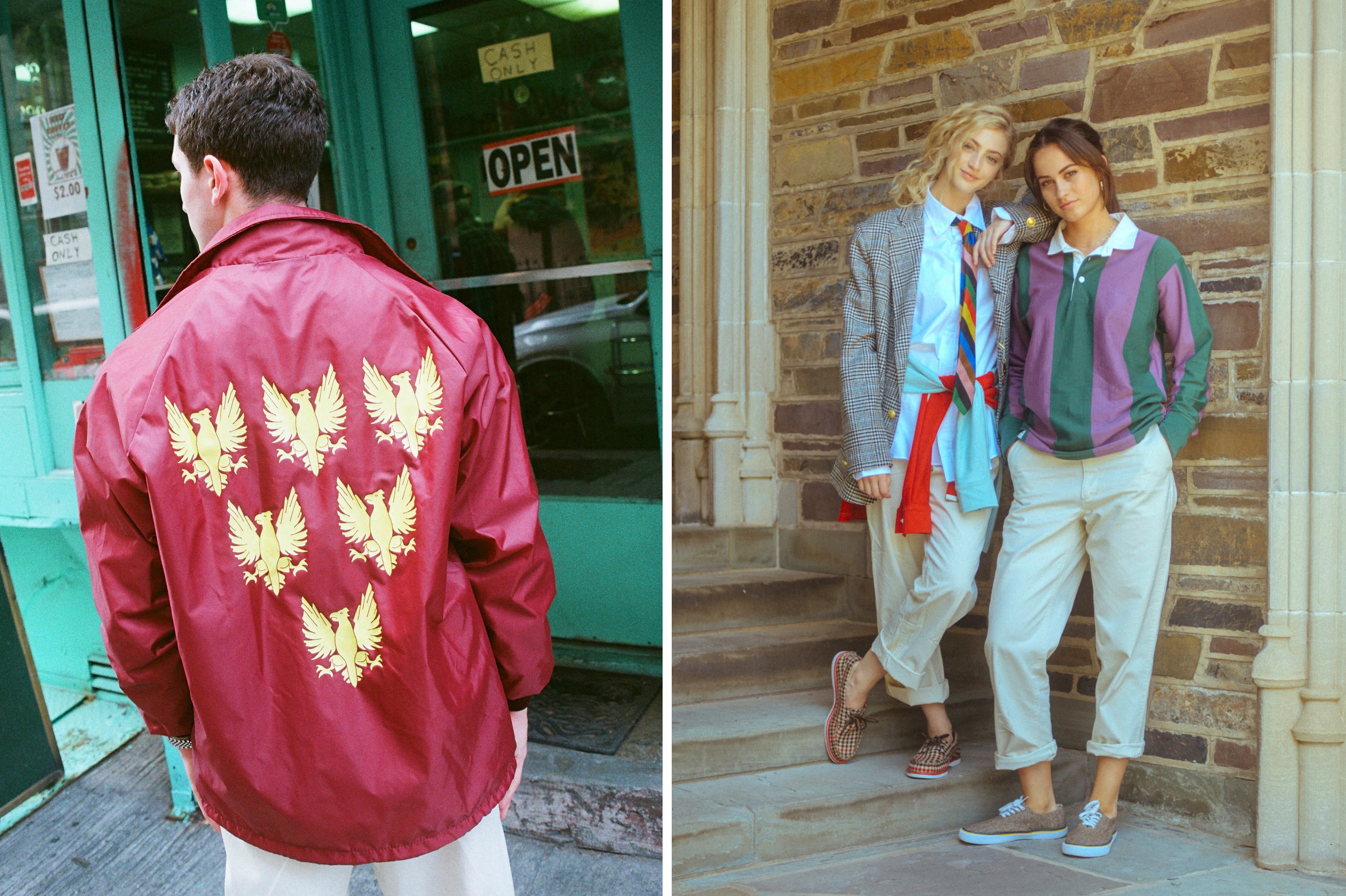 Male model wearing the Eagles Coach's Jacket in burgundy and the Cream Twill Wide Leg Trousers. Female model wearing the Oxford Button-Down in blue and the Prince of Wales Jacket