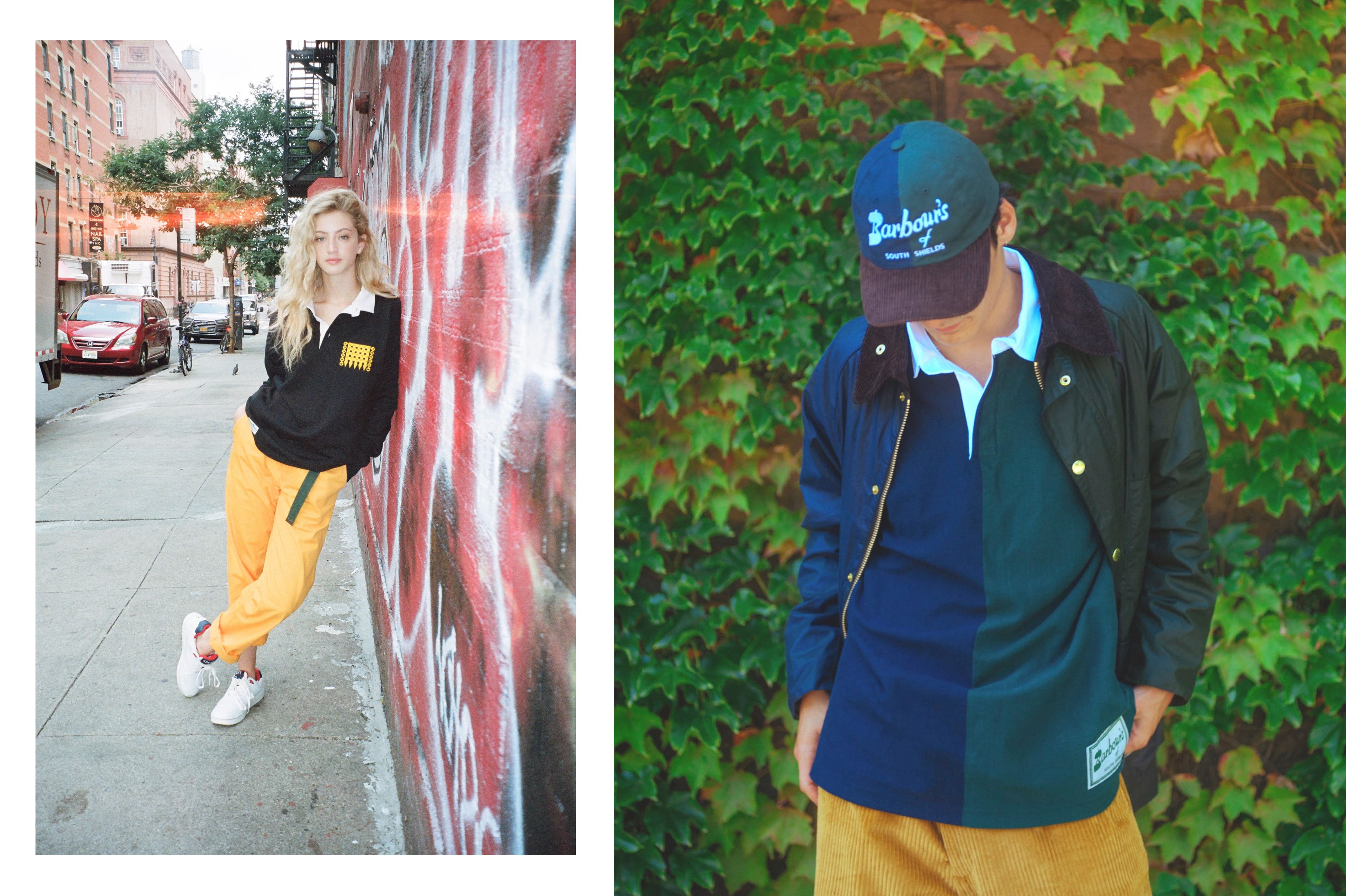 Female model wearing the Cotton Twill Tailored Trousers in gold, the Sperry x Rowing Blazers Cloud Cup Sneaker in navy and red and the Latin Boat Strap Belt in green. Male model wearing the Extra Soft Corduroy Wide Leg Trousers in gold