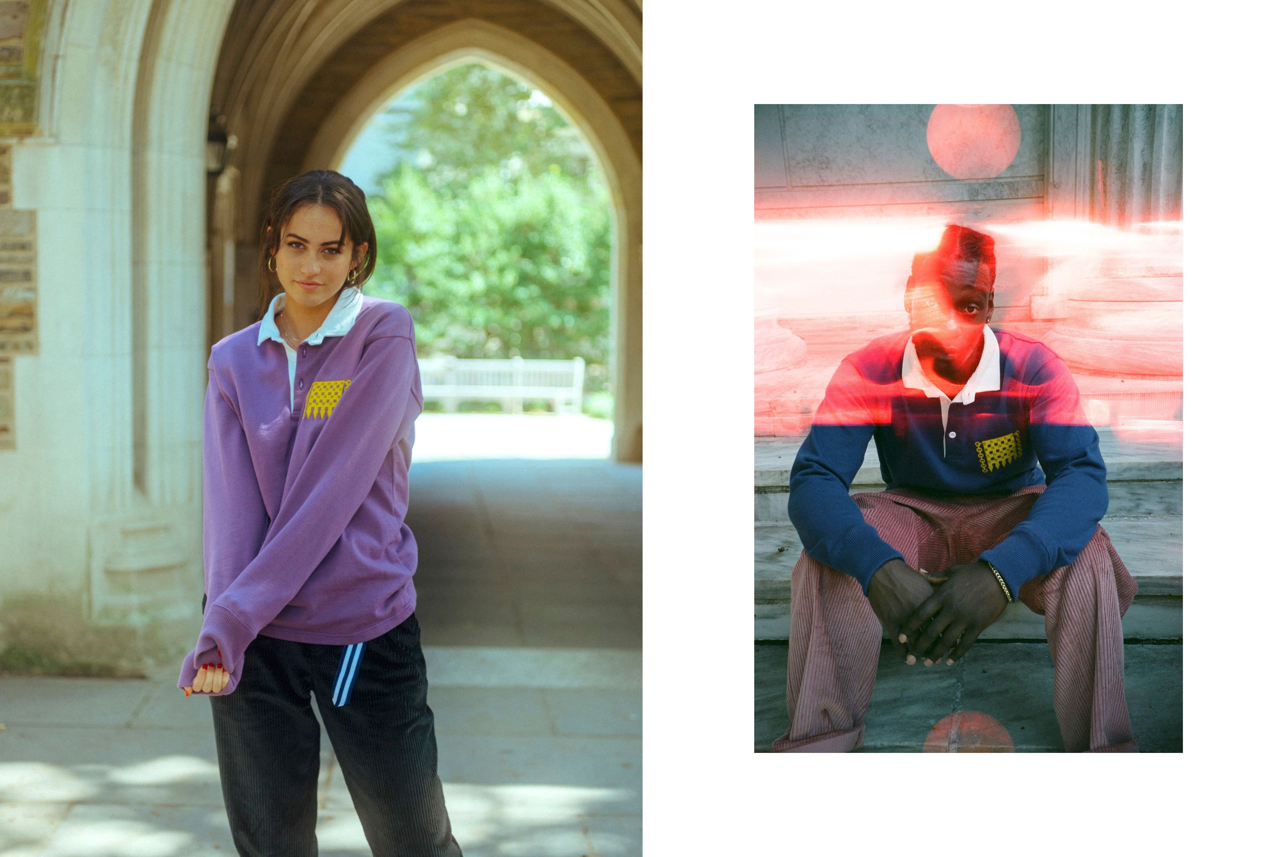 Female model wearing the Portcullis Rugby in purple and the Extra Soft Corduroy Tailored Trousers in hunter green. Male model wearing the Portcullis Rugby in royal blue and the  Extra Soft Corduroy Tailored Trousers in dusty rose