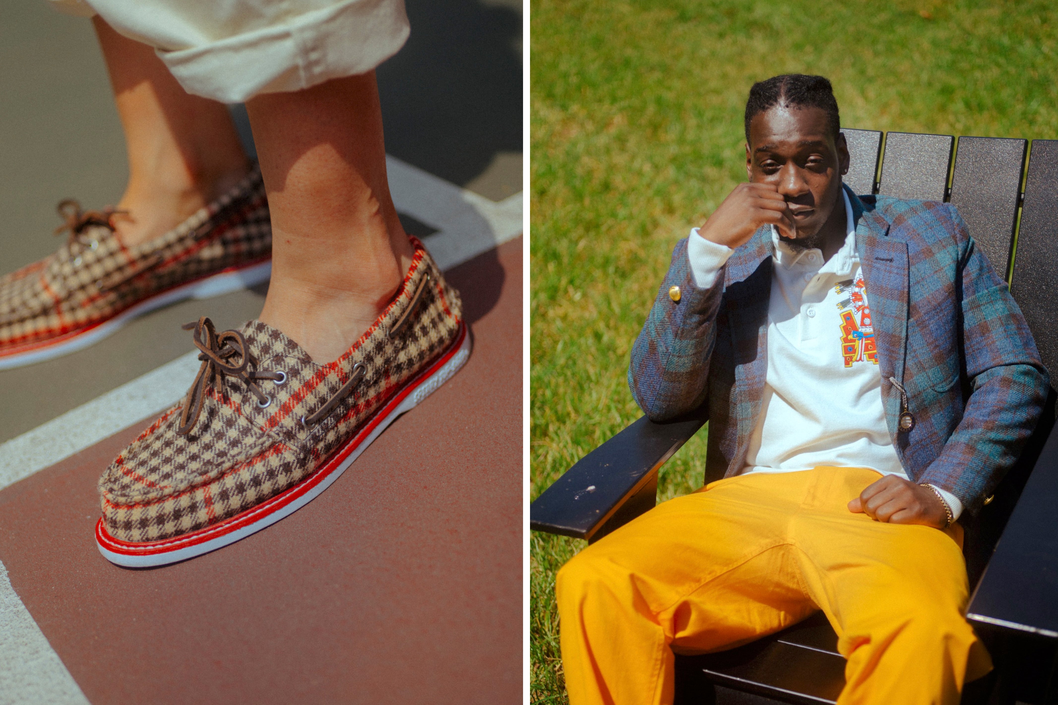 Male model wearing the Cream Twill Wide Leg Trousers. Male model wearing the Cotton Twill Tailored Trousers in gold and the Antique Black Watch Jacket