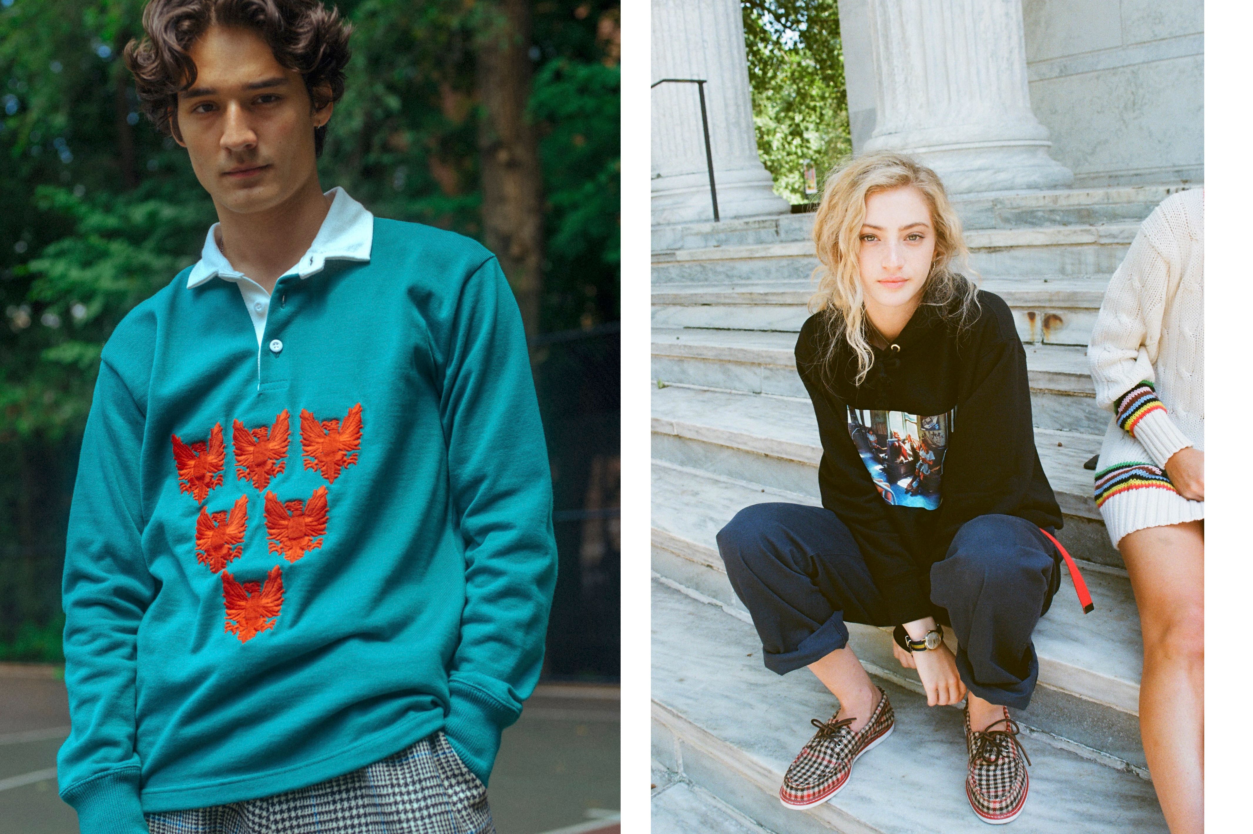 Male model wearing the Eagles Rugby in green. Female model wearing the Willy Spiller 