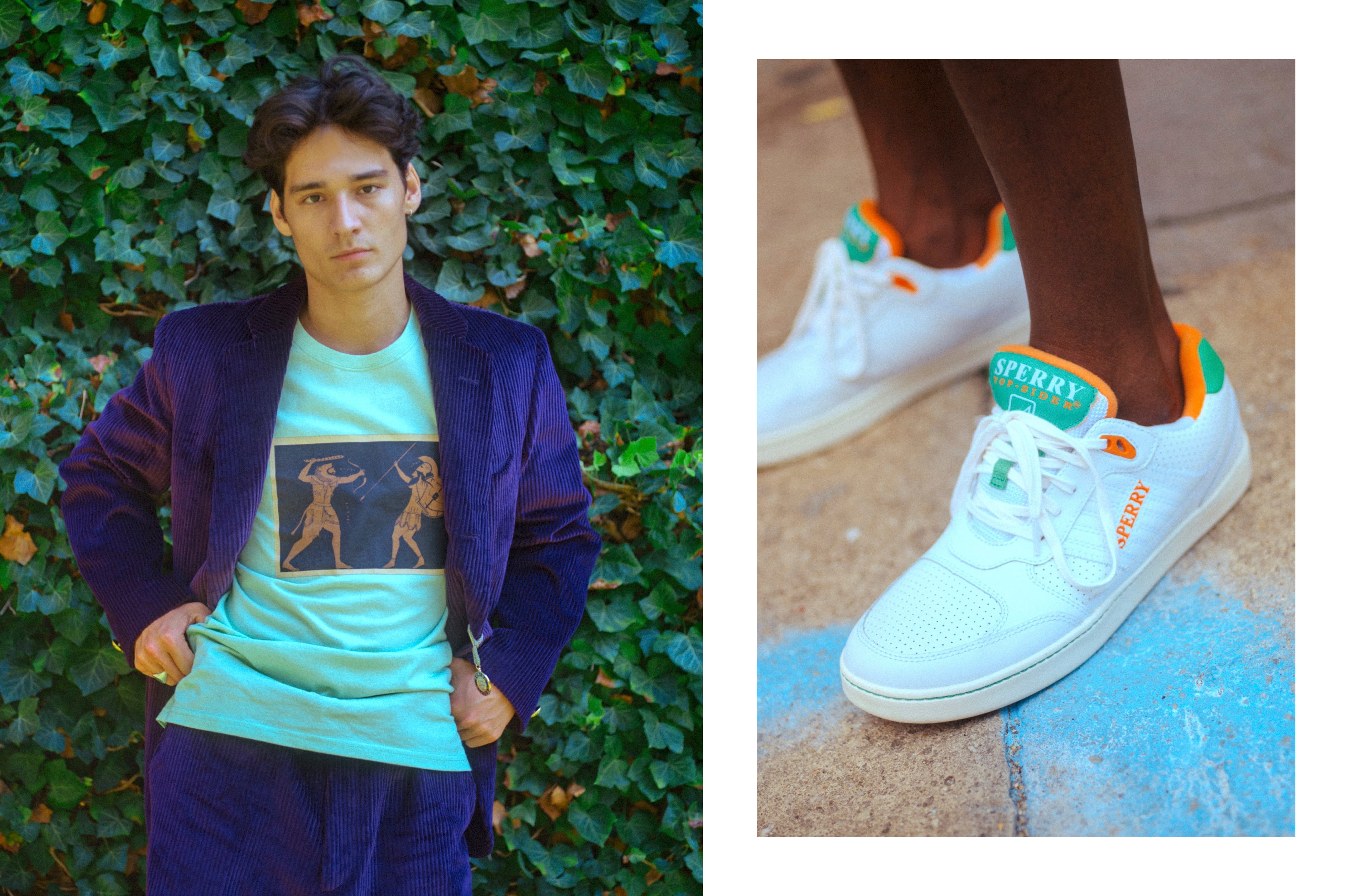 Male model wearing the Extra Soft Corduroy Tailored Trousers in purple and the Extra Soft Corduroy Jacket in purple. Male model wearing the Sperry x Rowing Blazers Sperry Cloud Cup Sneaker in orange and green