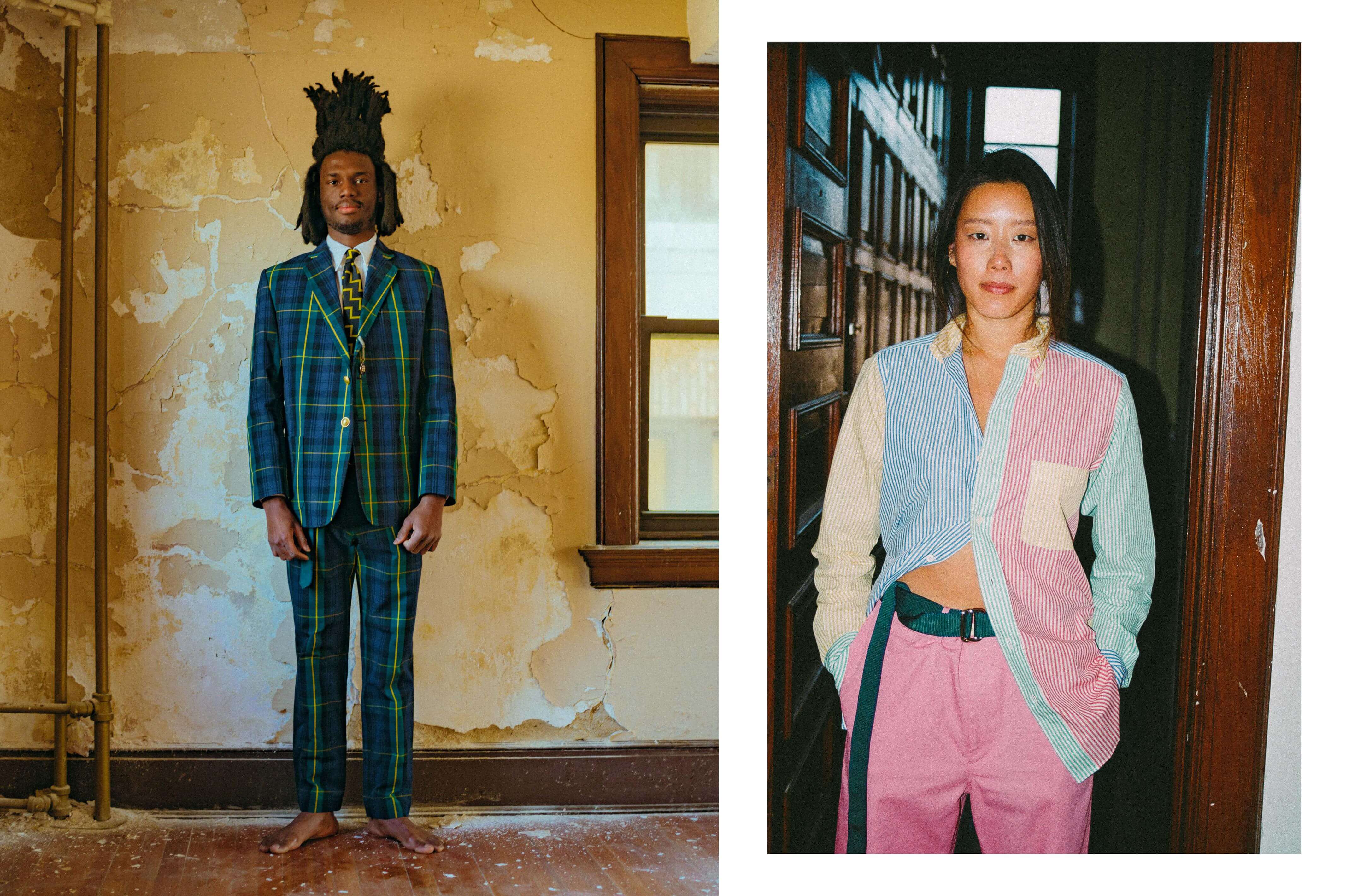 Male model wearing the Gordon Modern Tartan Jacket and the Gordon Modern Tartan Wide Leg Trousers. Female model wearing the OG Fun Shirt and the Cotton Twill Trousers in pink