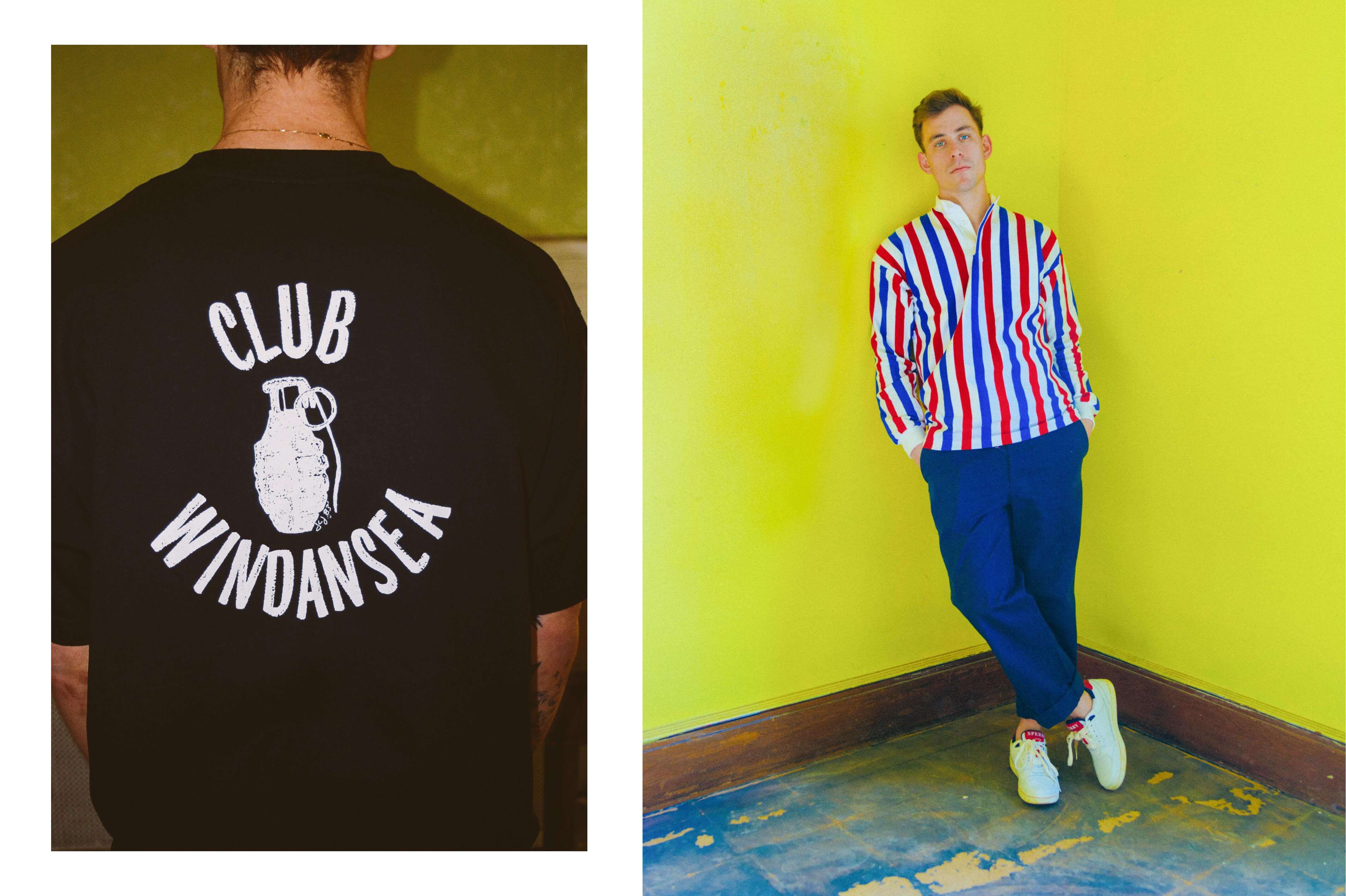 Male model wearing the Mac Media Club Windansea Tee. Male model wearing the Schoolboy Soccer Shirt in red, white and blue, the Cotton Twill Tailored Trousers in royal blue and the Sperry x Rowing Blazers Cloud Cup Sneaker in red and navy