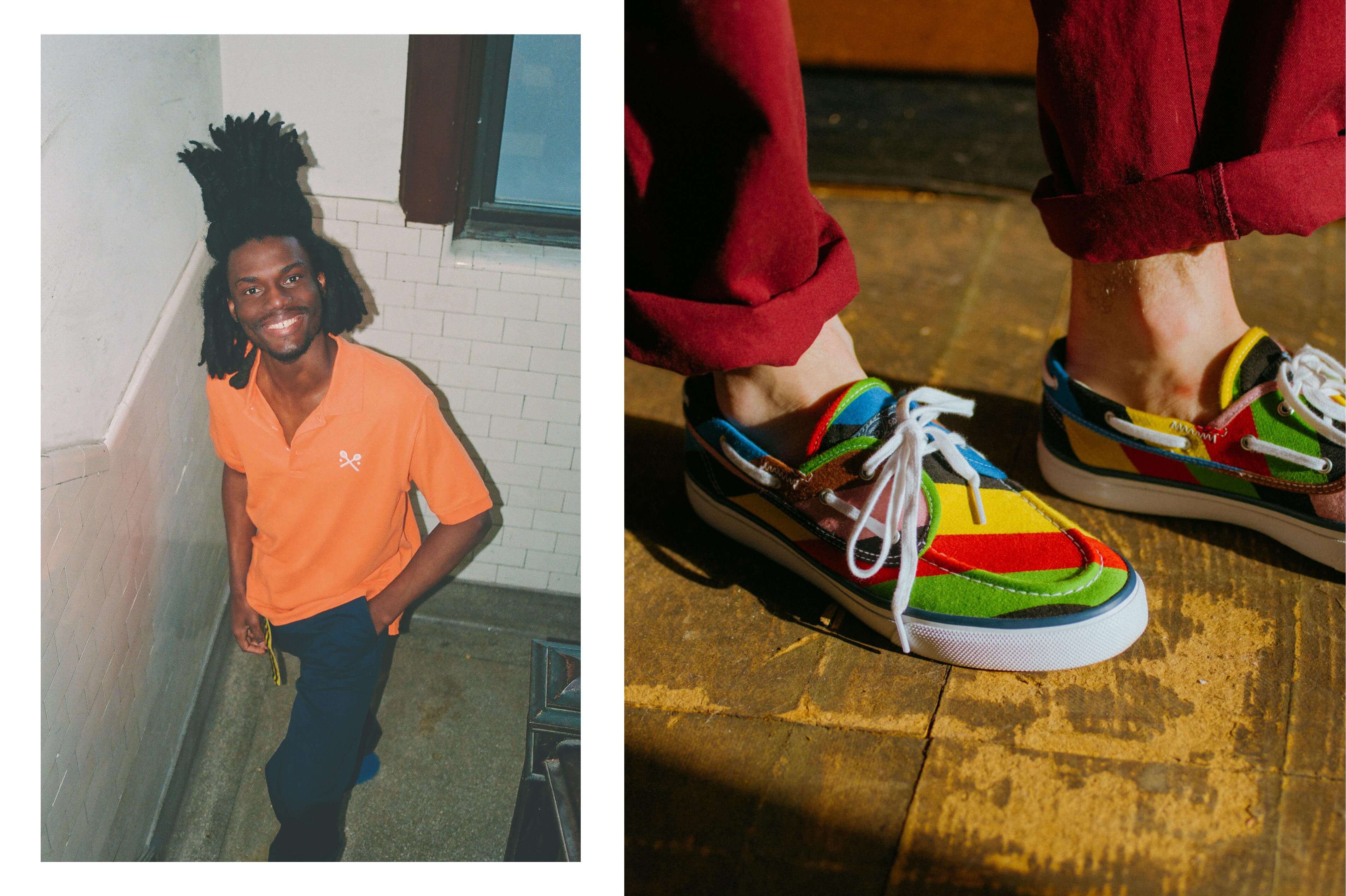 Male model wearing the Racquets Polo in orange, the Cotton Twill Trousers in royal blue and Grosgrain Belt in navy and yellow. Male model is wearing the Cotton Twill Trousers in red