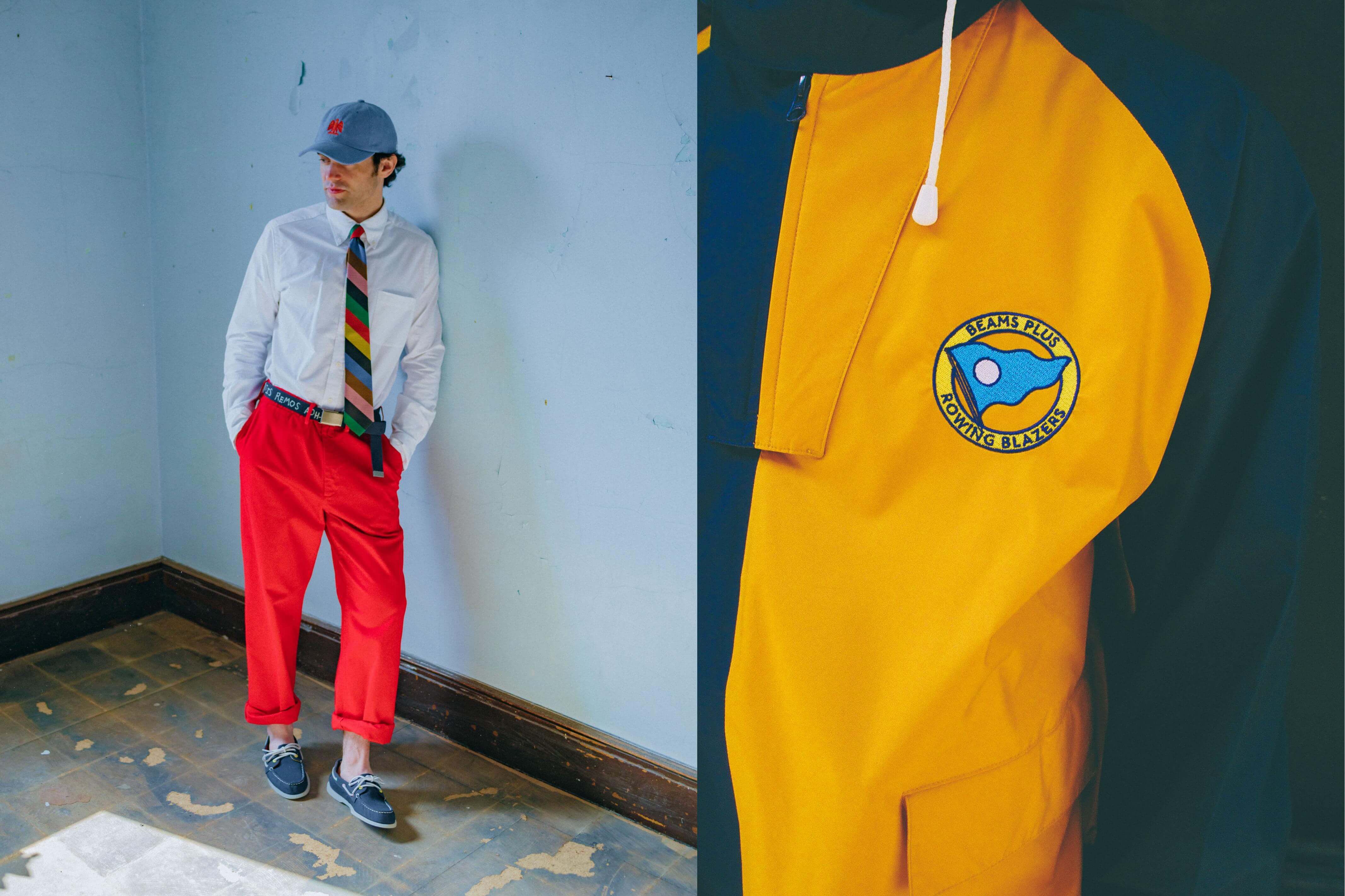 Male model wearing the Cotton Twill tailored Trousers in red, the Oxford Button-Down in white and the Latin Boat Strap Belt in navy. Male model wearing the Rowing Blazers x Beams Plus Anorak