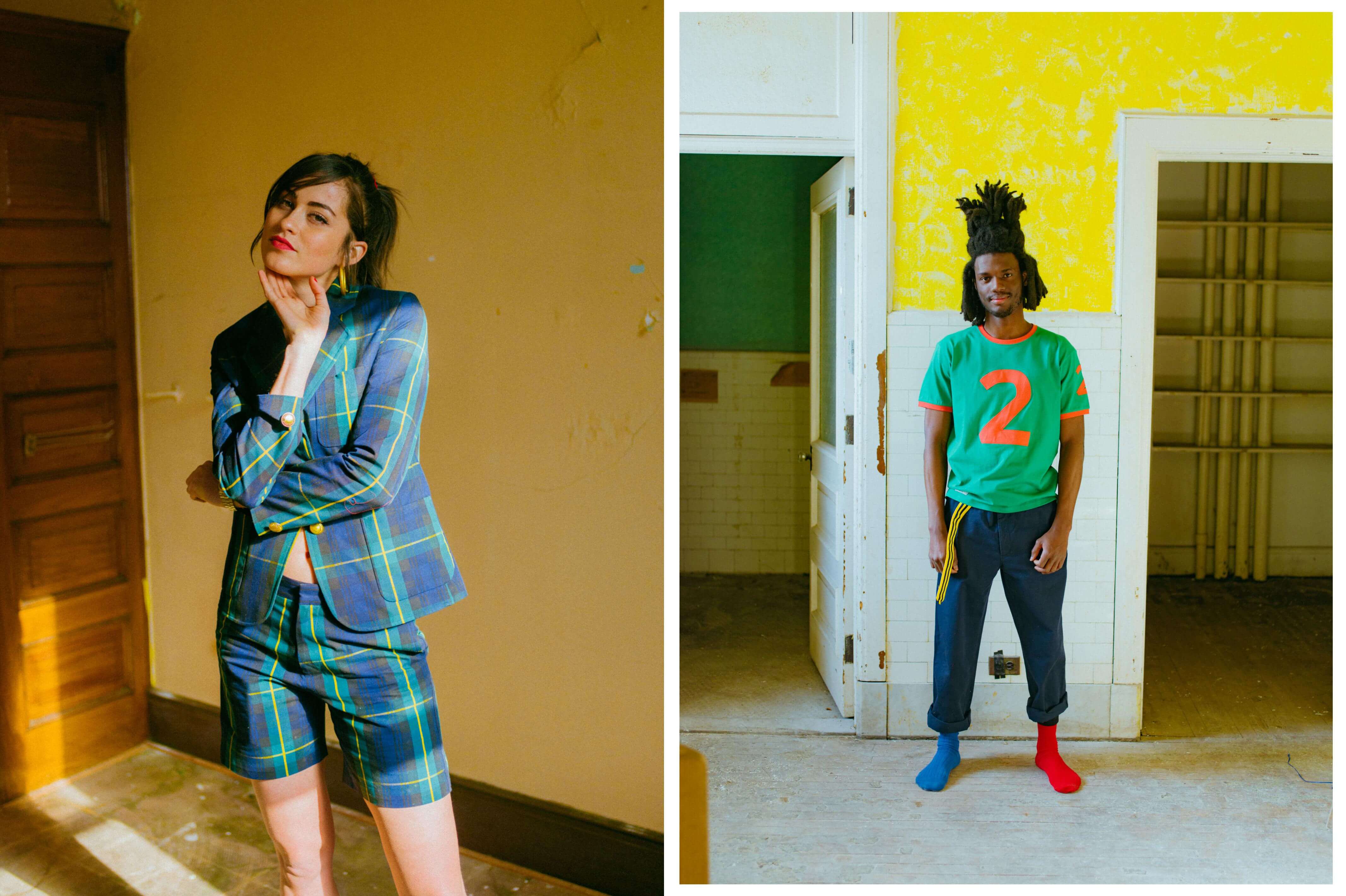 Female model wearing the Gordon Modern Tartan Jacket. Male model wearing the Original Number Tee #2 in green color block, Cotton Twill Wide Leg Trousers in royal blue and the red and blue Mismatched Crew Socks 