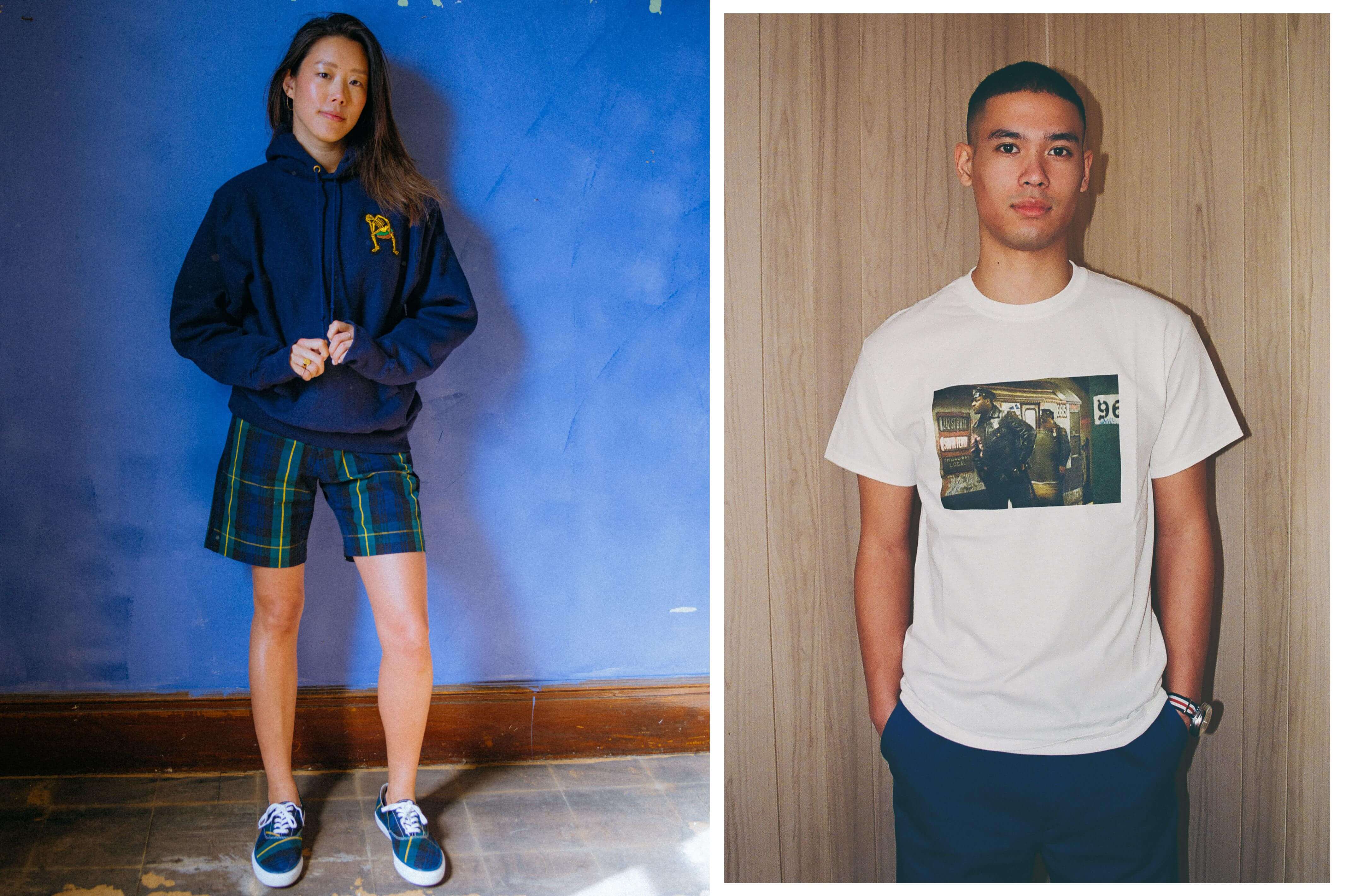 Female model wearing the Derry Bones Hoodie in navy and the Sperry x Rowing Blazers Cloud CVO Tartan Sneaker. Male model wearing the Willy Spiller 