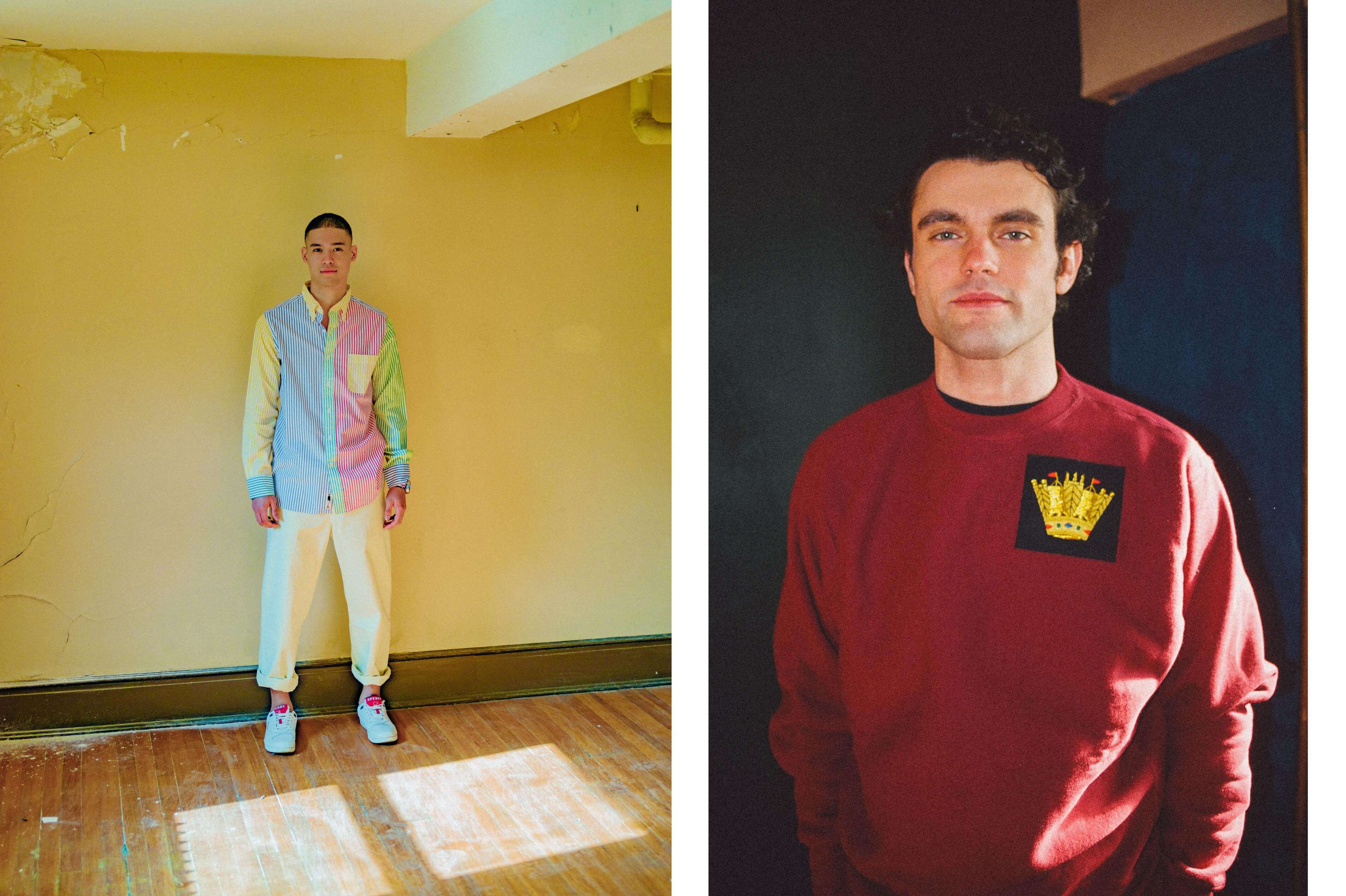 Male model wearing the OG Fun Shirt, the Cream Twill Wide Leg Trousers and the Sperry x Rowing Blazers Cloud Cup Sneaker in navy and red