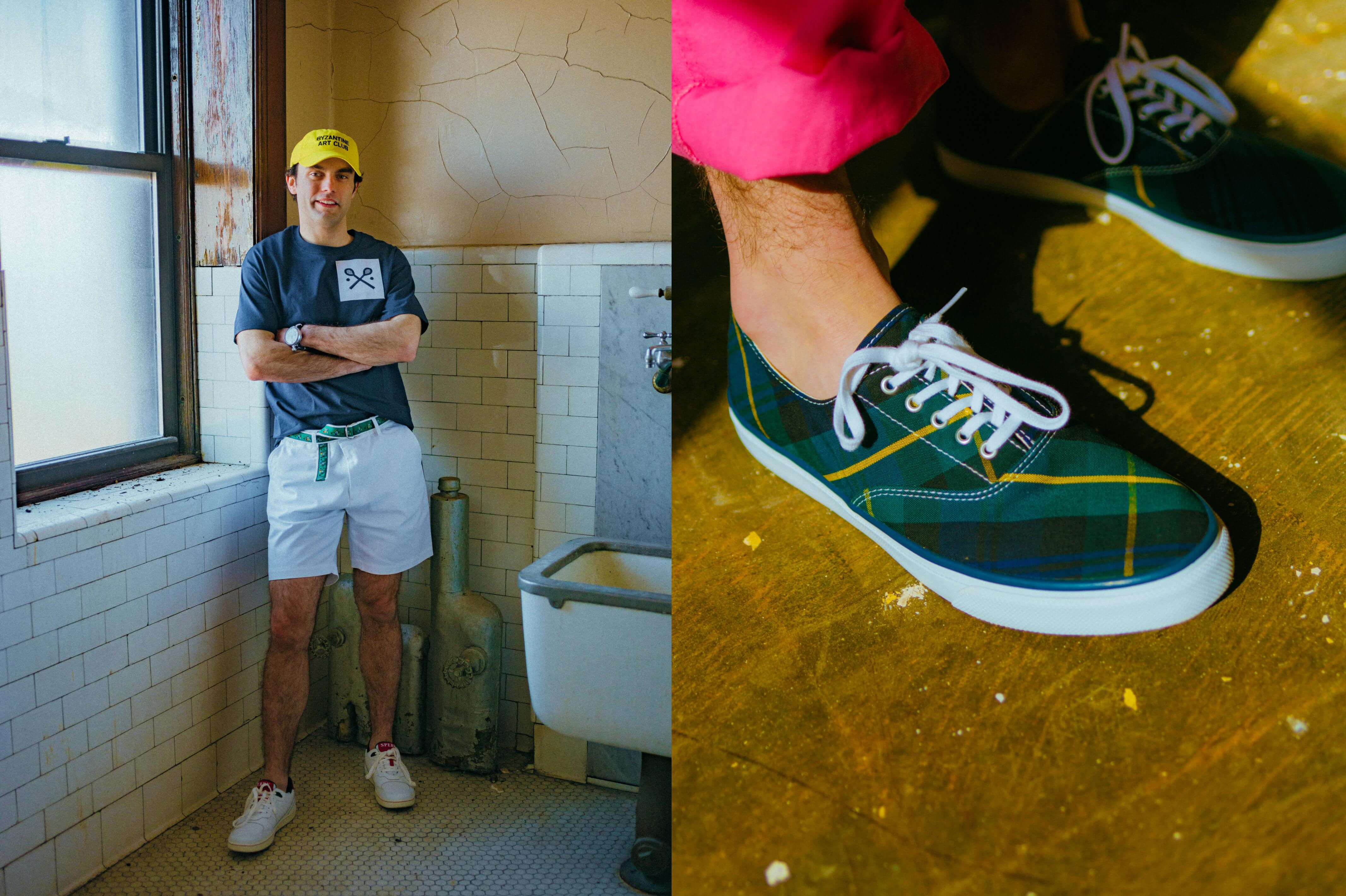 Male model wearing the Cotton Shorts in white, the Webbed Croquet Belt and the Archaeology Club Cap in yellow. Male model wearing the Cotton Twill Tailored Trousers in pink