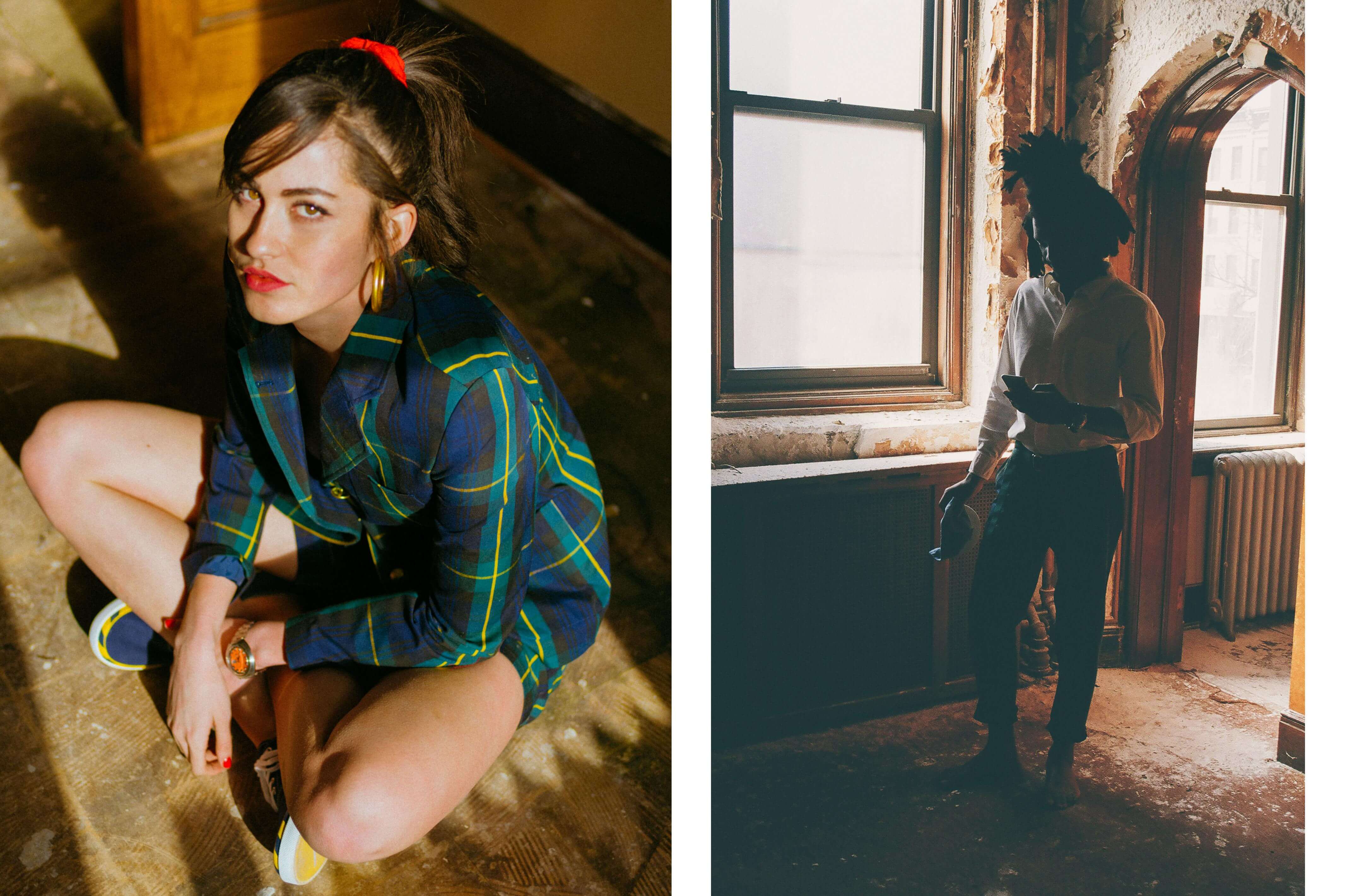 Female model wearing the Gordon Modern Tartan Jacket and the Sperry x Rowing Blazers Cloud CVO Rugby Stripe Sneaker. Male model wearing the Oxford Button-Down in white and the Cotton Twill Trousers in green