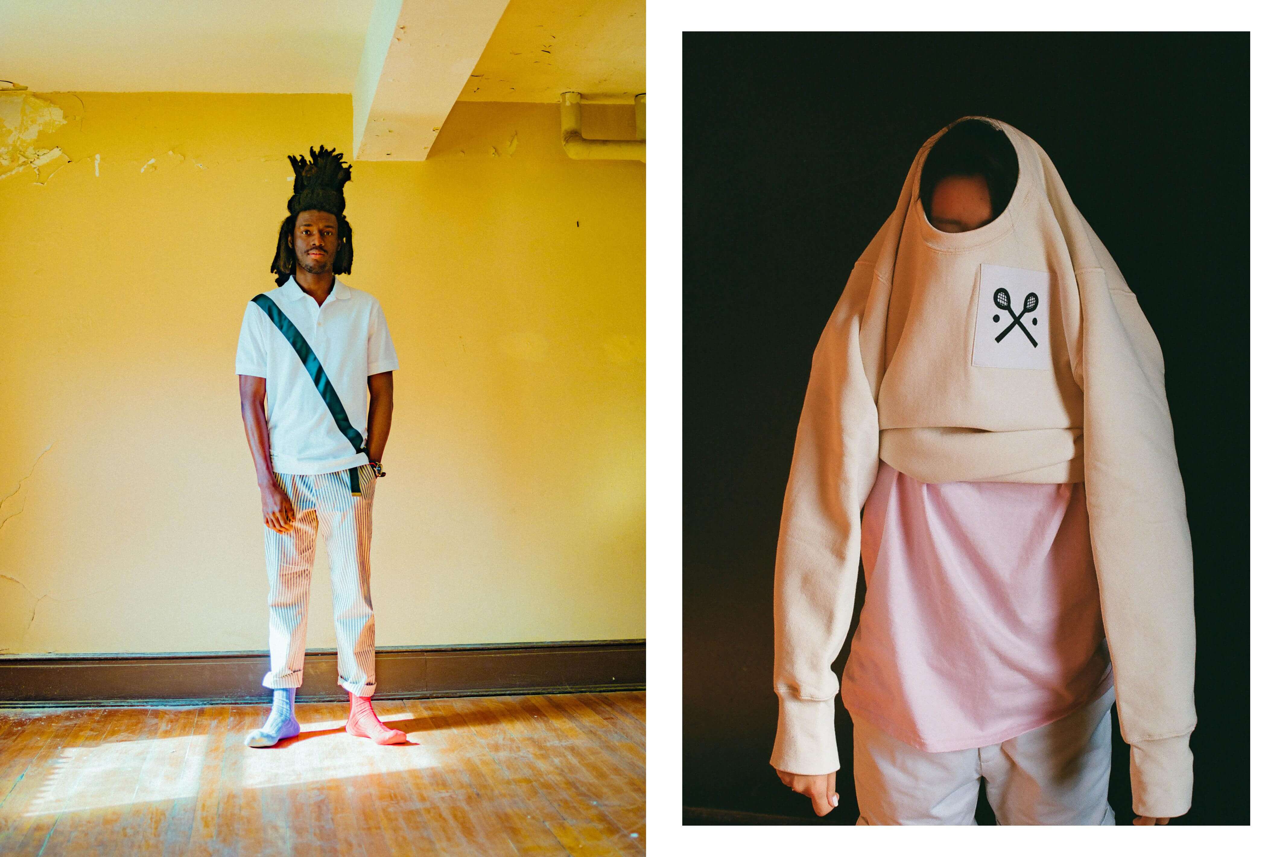 Male model wearing the White Authentic Polo Shirt with green satin stripe, the Cream Twill Wide Leg Trousers and the Red and Blue Mismatched Crew Socks. Male model wearing the Racquets Short Sleeve Tee in pink