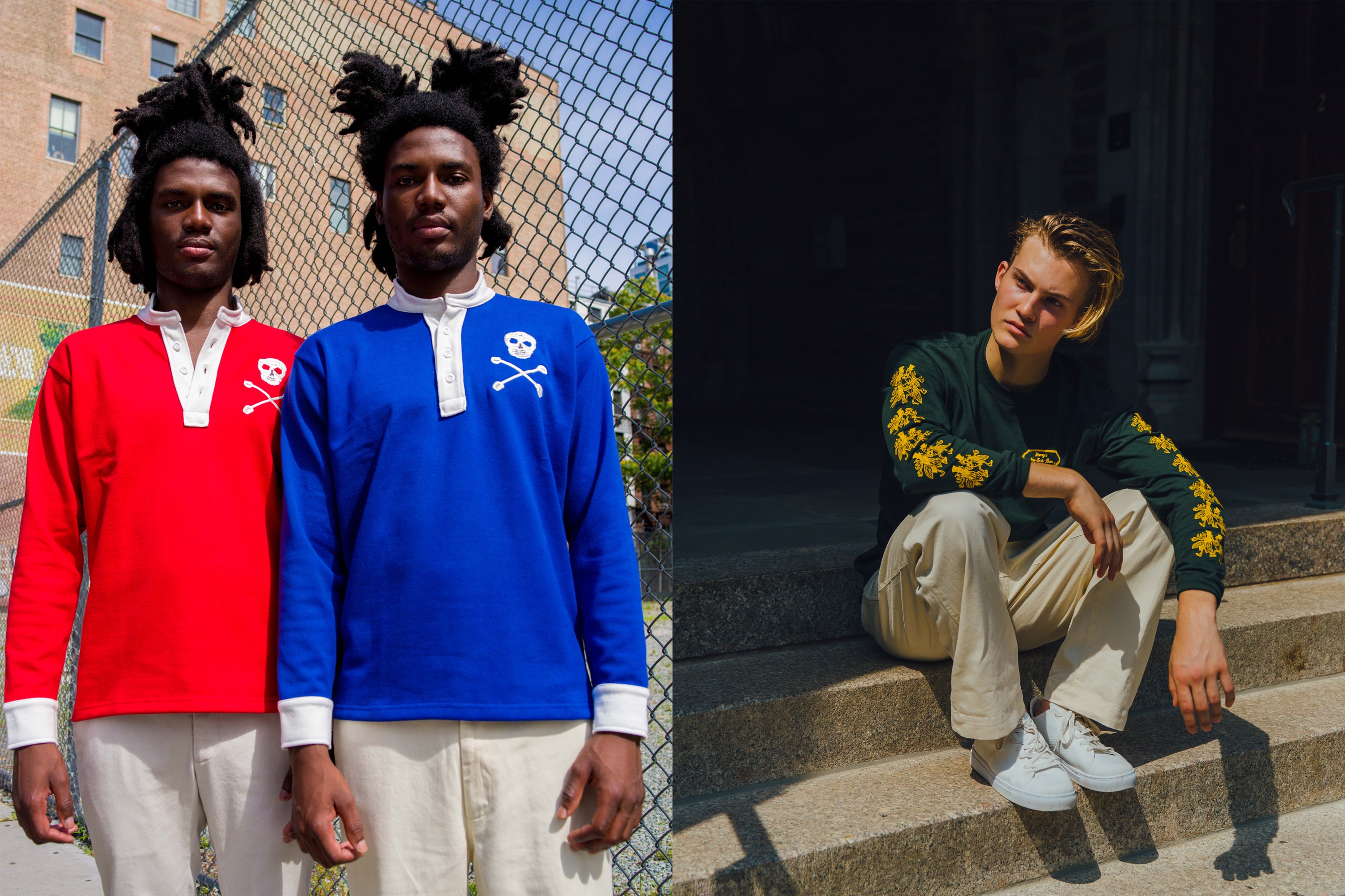 Male models wearing both the Red Skull Rugby and the Blue Skull Rugby, as well as the Cream Twill Wide Leg Trousers. Male model wearing the Harry's New York Bar Long Sleeve Tee