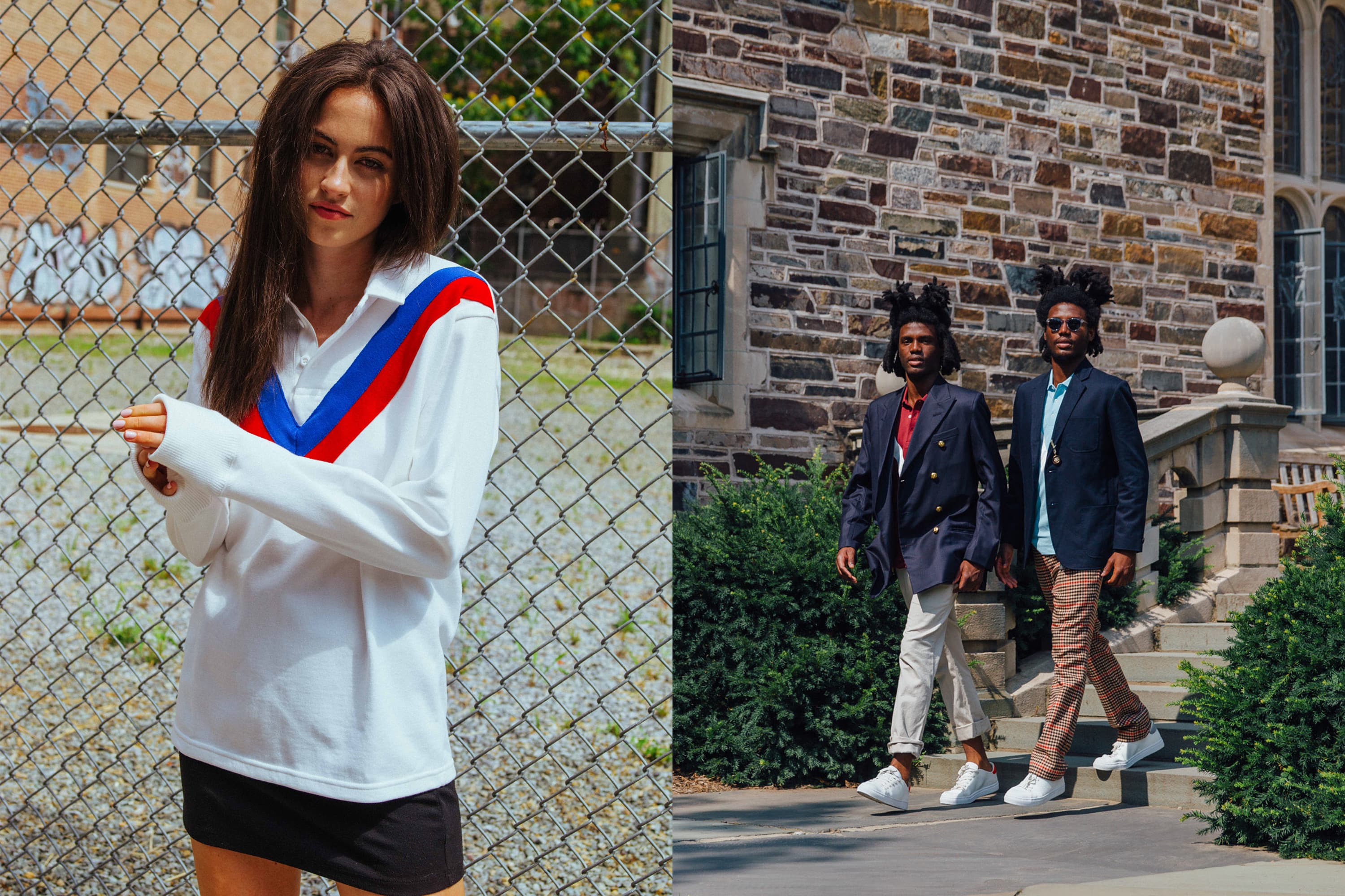 Female model wearing the Great Britain Rugby. Male model wearing the Cream Twill Wide Leg Trousers,  The 
