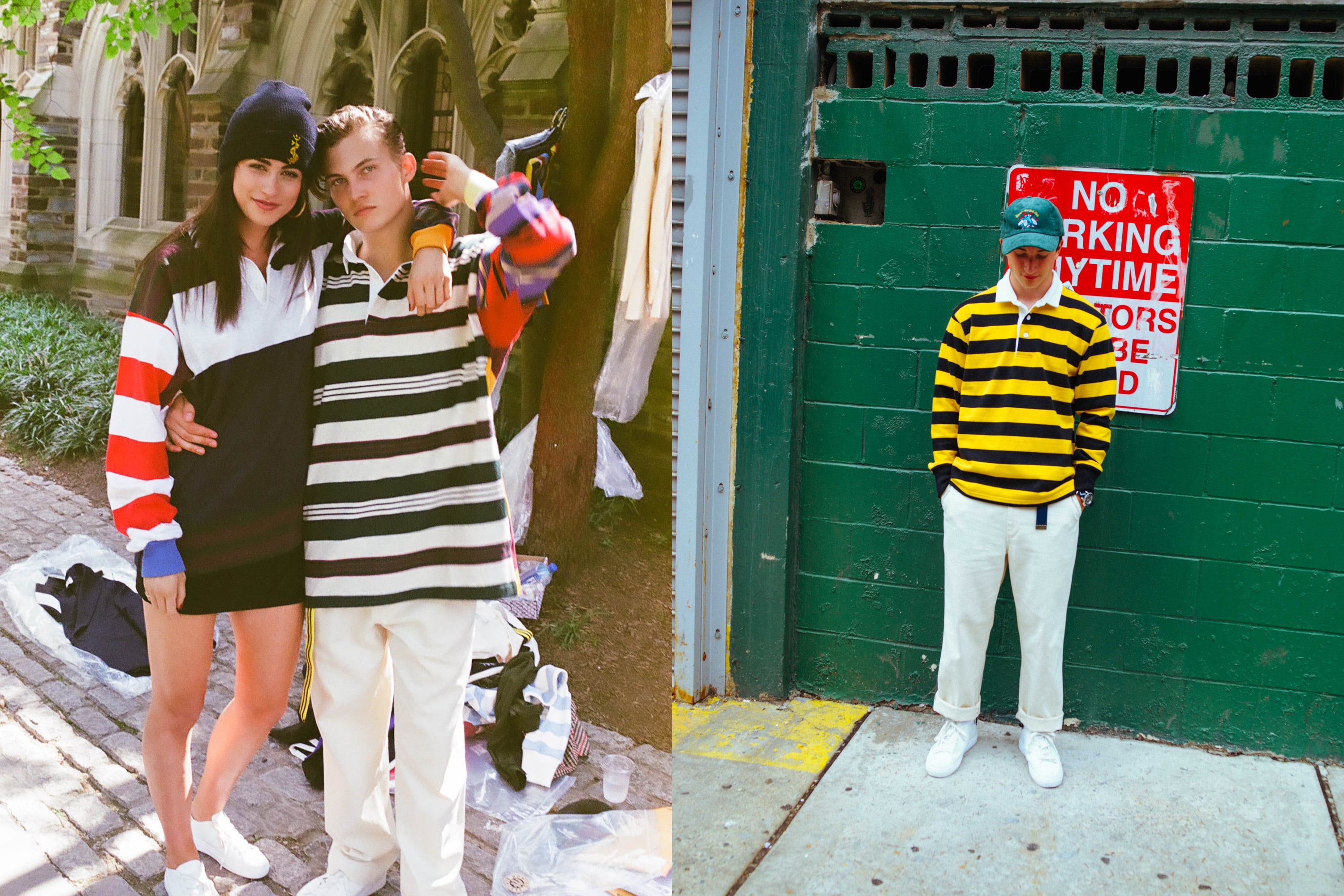 Male model wearing the End-of-the-Day Rugby and the Cream Twill Wide Leg Trousers. Male model wearing the Jagger Stripe Rugby and the Harry's New York Bar Cap