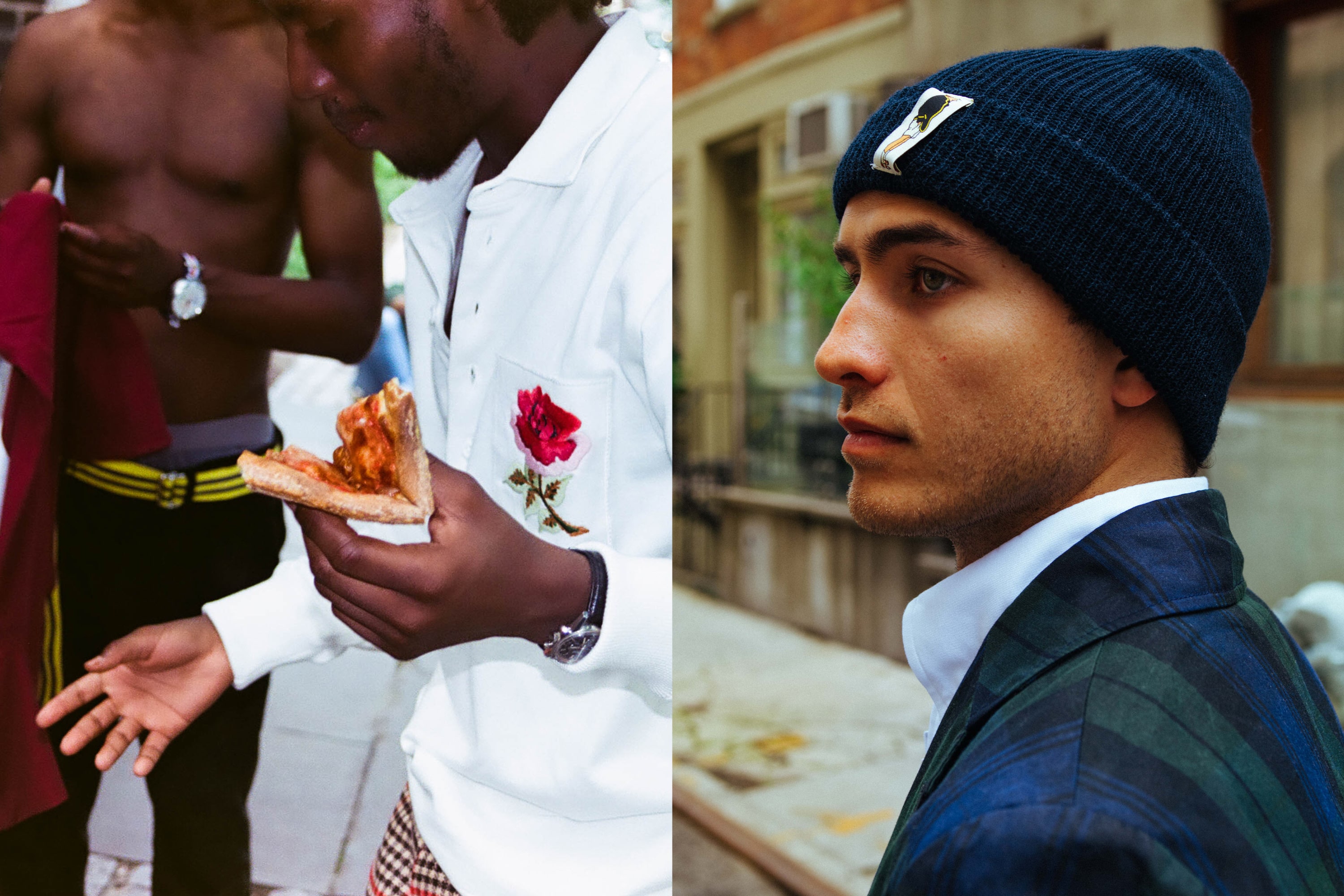 Male model wearing the Cotton Twill Tailored Trousers in royal blue, the Grosgrain Belt in nay and yellow. Male model wearing the Gun Club Check Trousers. Male model wearing the Antique Black Watch Jacket