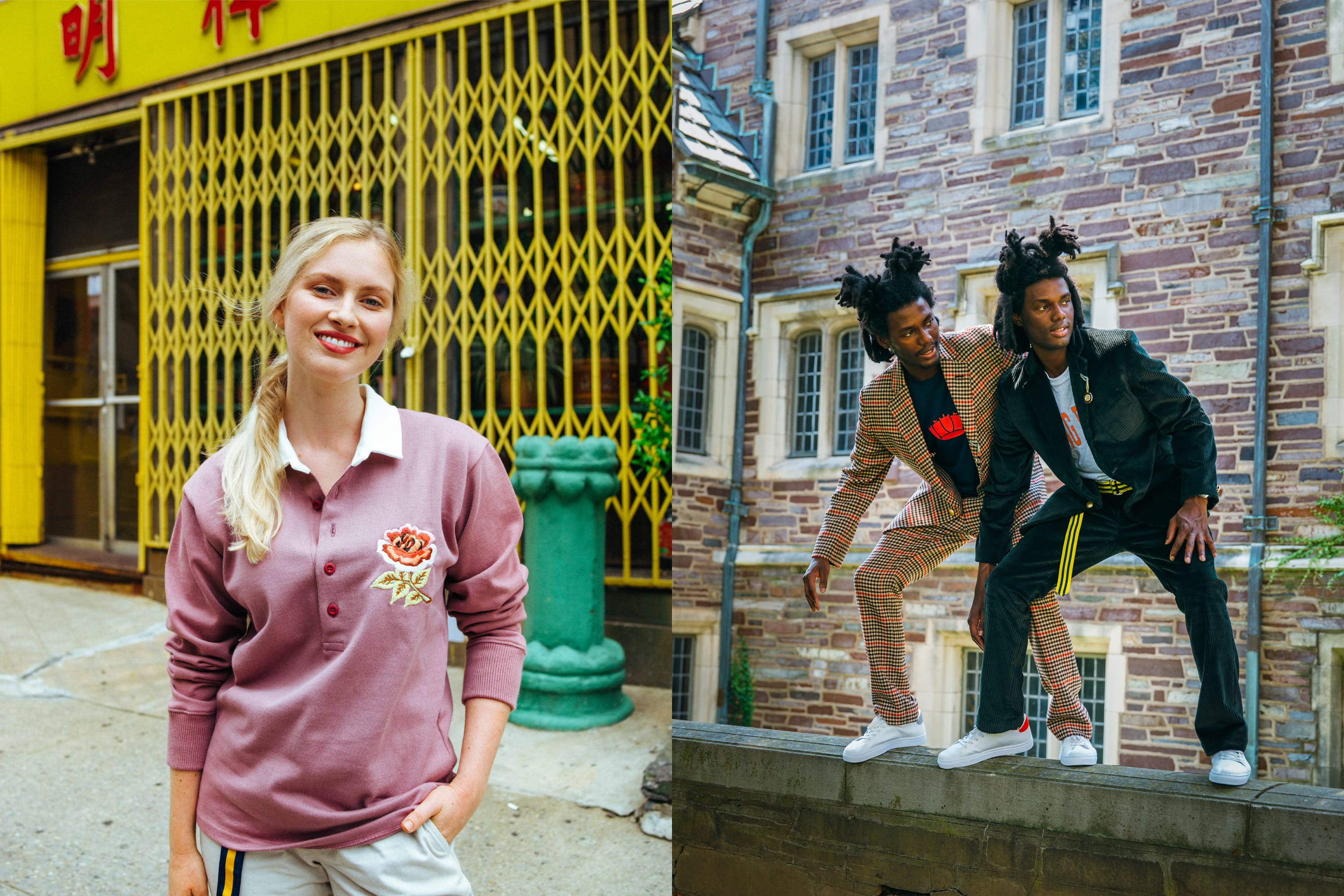 Female model wearing the Dusty Rose Rugby and the Cream Twill Wide Leg Trousers. Male model wearing the Naval Crown Polo Tee. Male model wearing the Collegiate Tee in red 