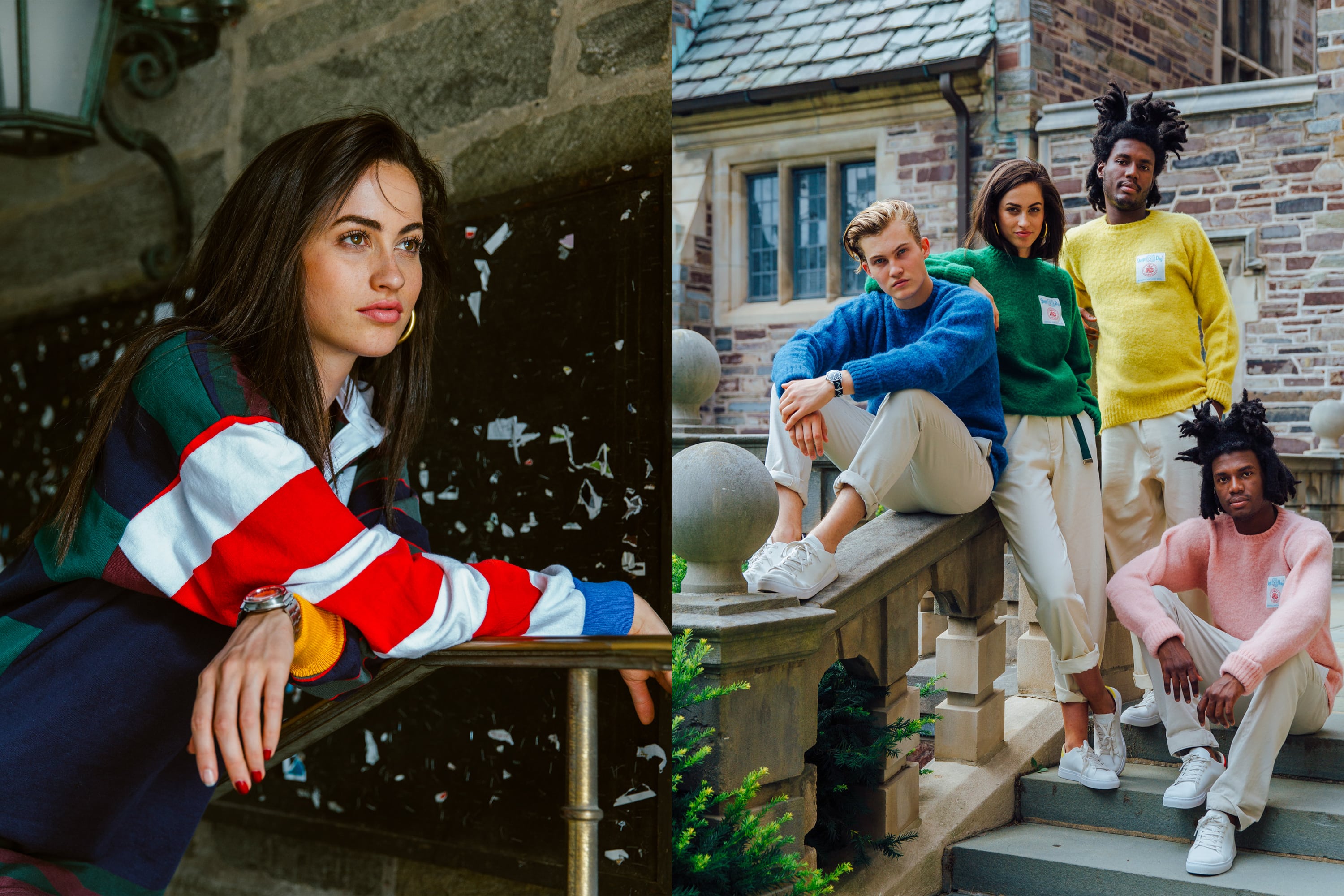 Female wearing the End-of-the-Day Rugby. Male model wearing JPress Sweater in yellow and the Cream Twill Wide Leg Trousers. Male model wearing the JPress Sweater in green