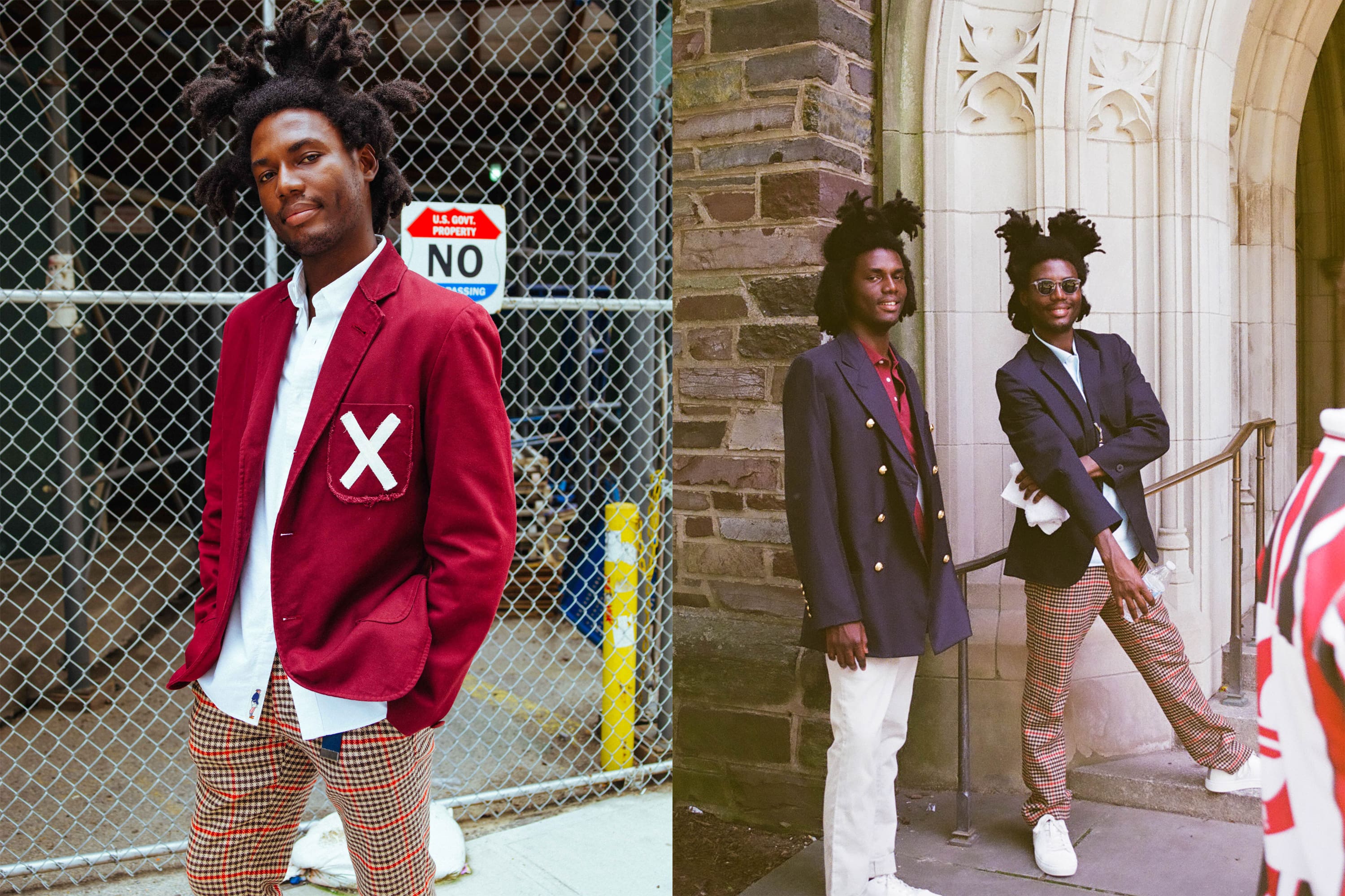 Male model wearing the Oxford Button-Down in white, the Destroyed 