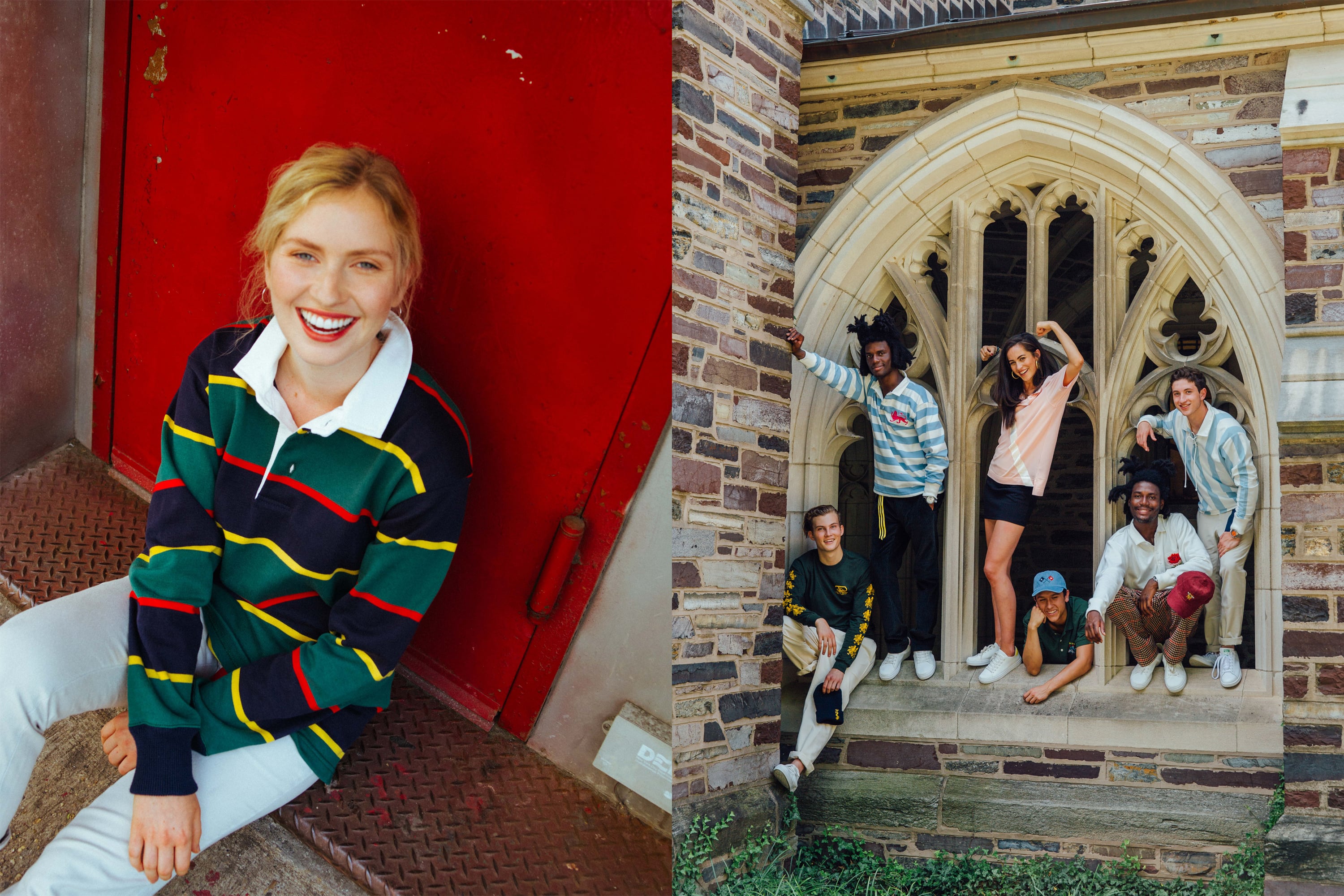 Female model wearing the Argyll & Sutherland Rugby. Male model wearing the Harry's New York Bar long sleeve tee and the Cream Twill Wide Leg Trousers. Male model wearing the Argentina 1930 Football Rugby