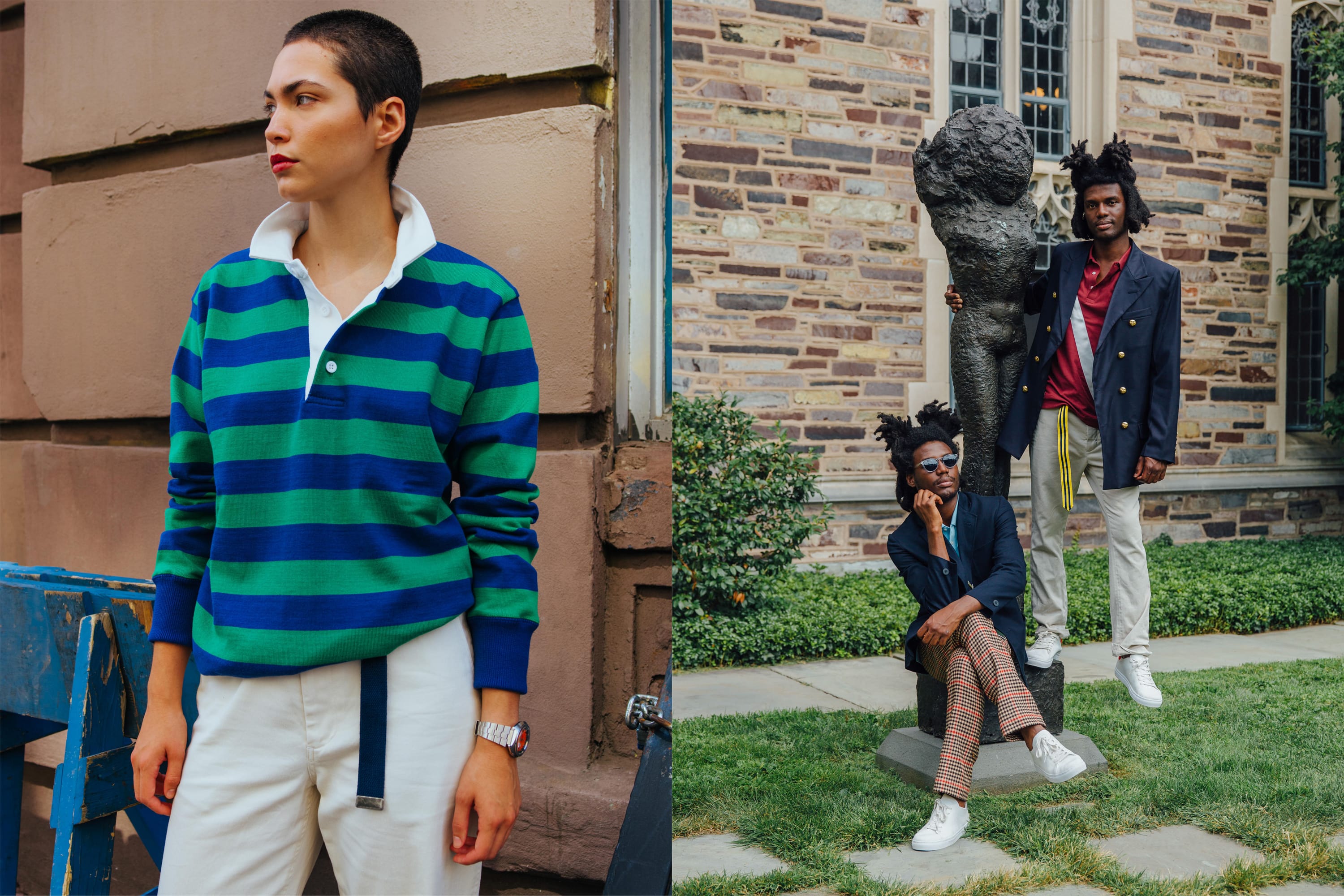 Female model wearing the Hockney Stripe Rugby in green and blue, the Cream Twill Wide Leg Trousers and the Latin Boat Strap Belt in navy. The male model is wearing the 