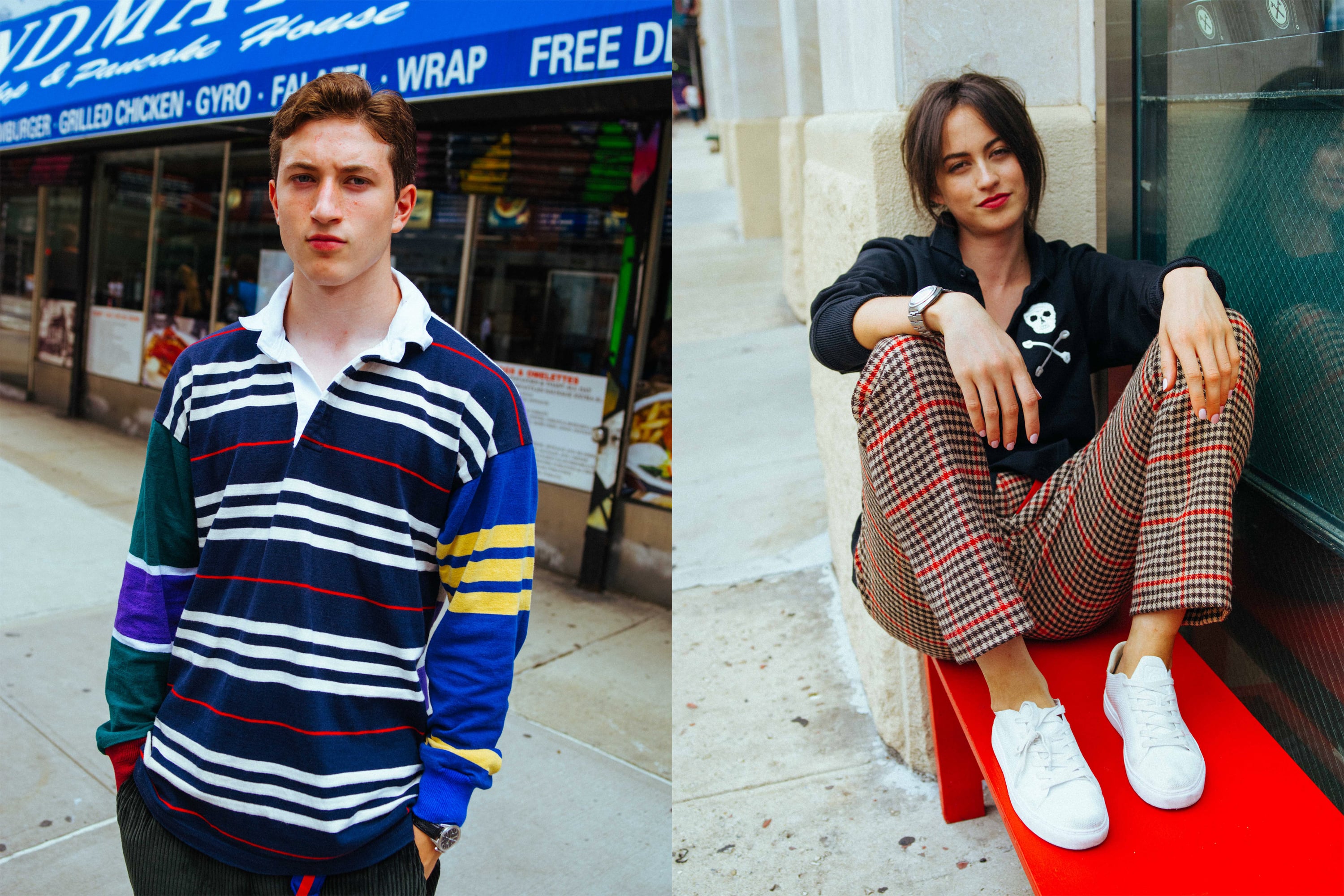 Male model wearing the End-of-the-Day Rugby and the Cotton Twill Trousers in royal blue. Female model wearing the 1860 Skull Rugby Overshirt and the Gun Club Check Tweed Wide Leg Trousers 
