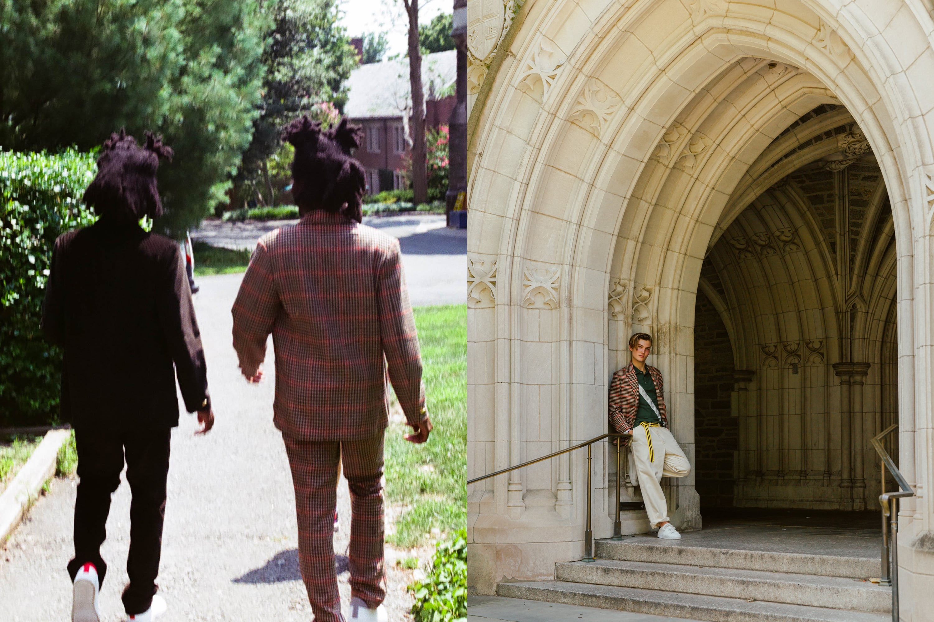 Male model wearing the Gun Club Check Tweed Jacket and Gun Club Check Tweed Trousers. Male model wearing the Cream Twill Wide Leg Trousers and the Grosgrain Belt in navy and yellow