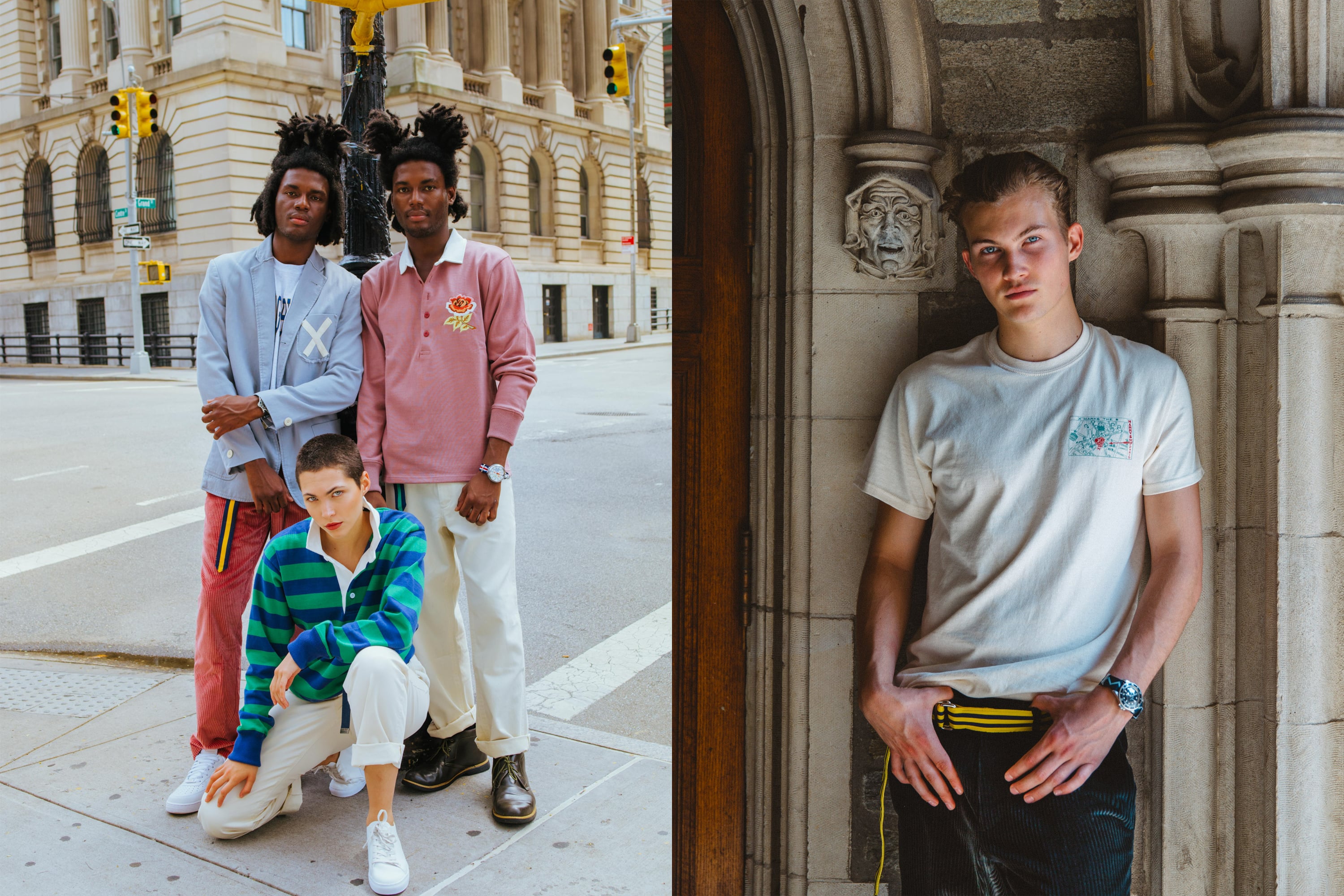 Male model wearing the Dusty Rose Rugby. Female model wearing the Hockney Stripe Rugby and the Cream Twill Wide Leg Trousers. Male model wearing the Harry's New York Bar short sleeve tee