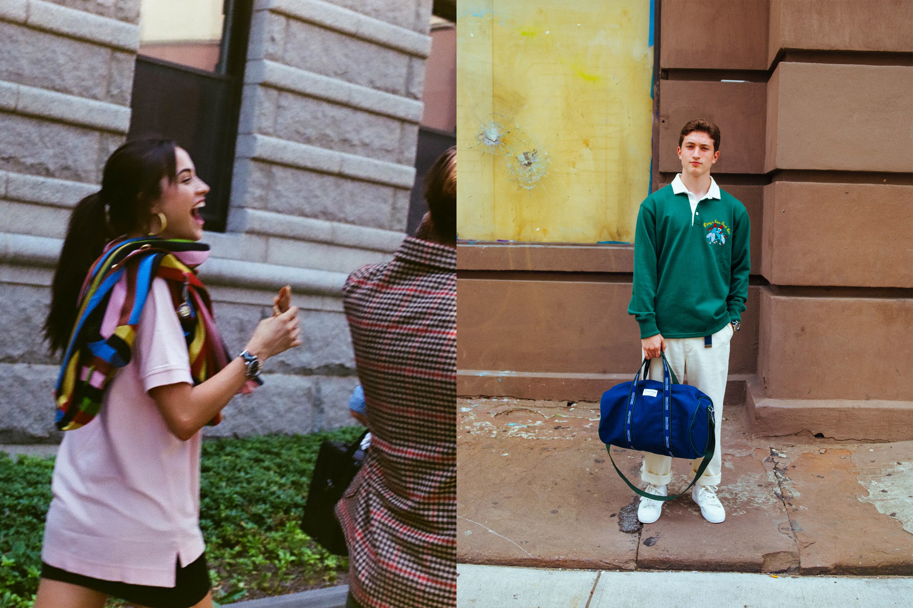 Female model carrying the Croquet Stripe Blazer. Male model wearing the Harry's New York Bar Rugby, the Cream Twill Wide Leg Trousers and the Pierce & Pierce Banker bag