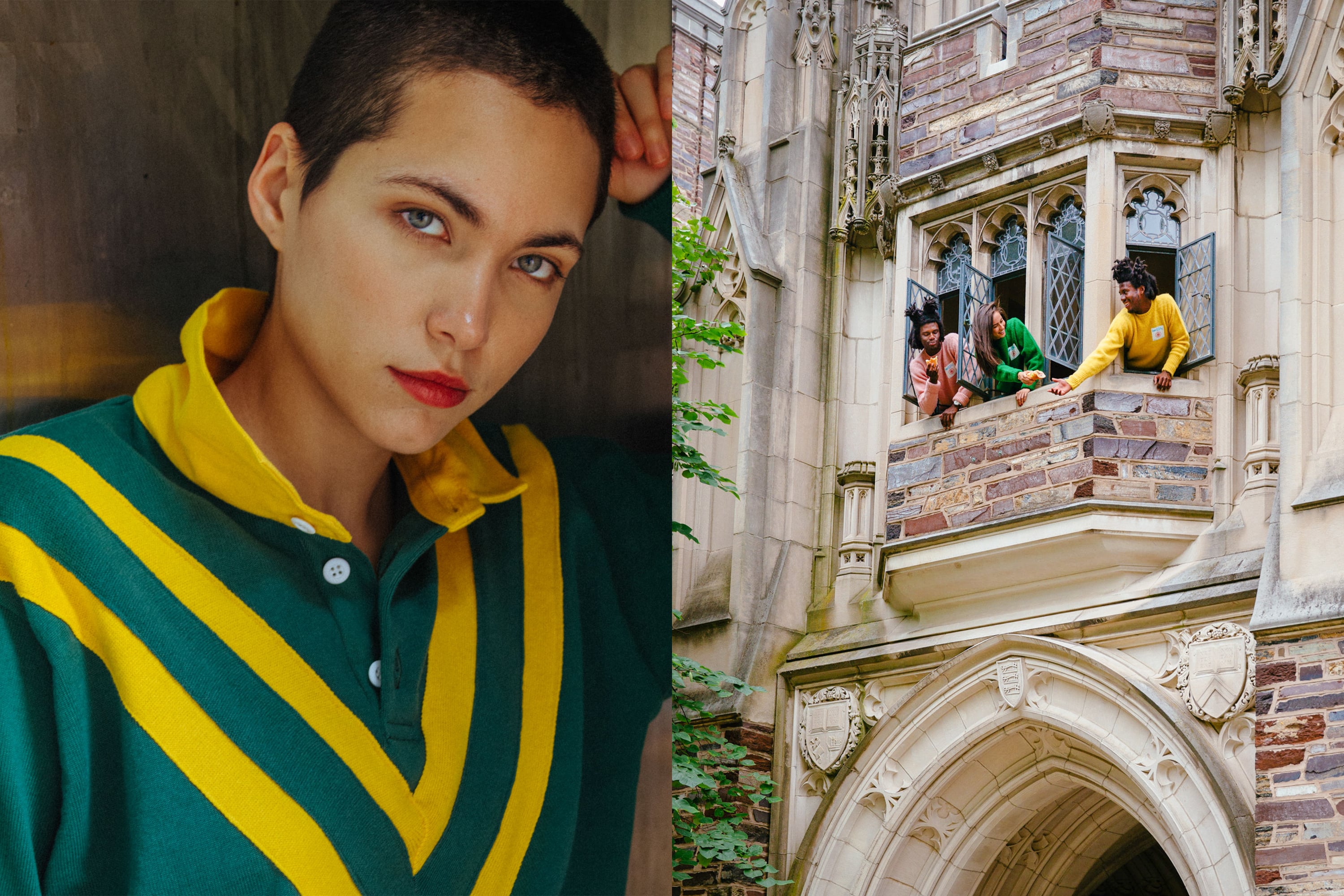 Female model wearing the Australia Rugby League Rugby. Models wearing the JPress Sweaters in pink, green and yellow