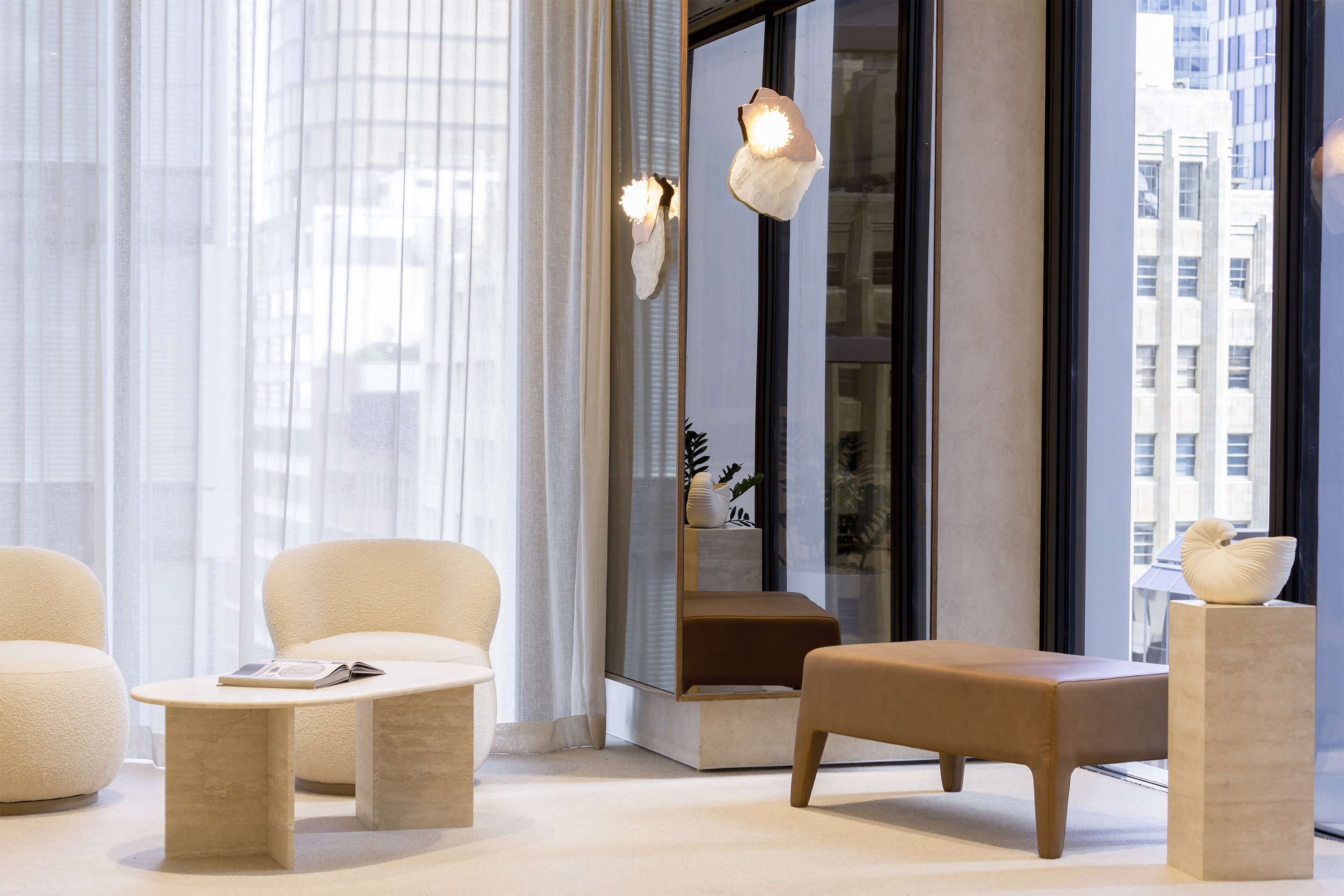 Joy Swivel Armchairs Luna Eggshell, Oak Ash and Kelly Ottoman Greyson Leather Almond