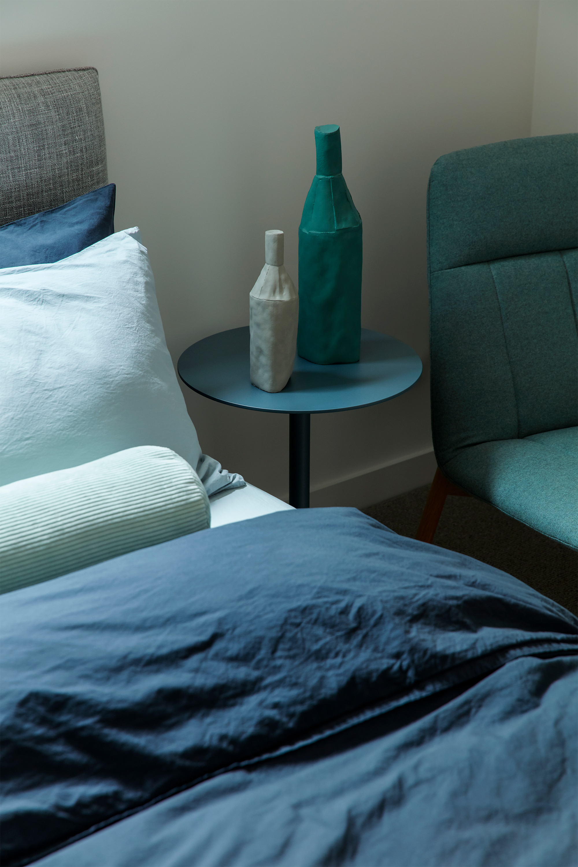 Nook Bed, Stonewash Bed Linen, Bonney Side Table + Essie Armchair