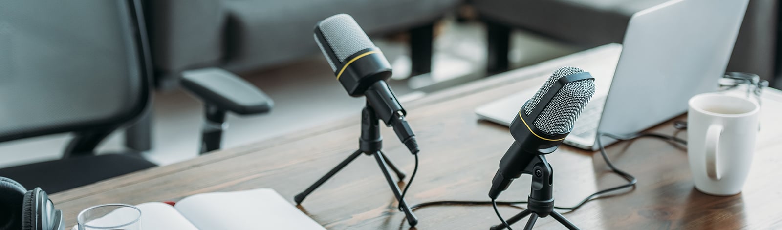 Podcast set up with two microphones and a laptop