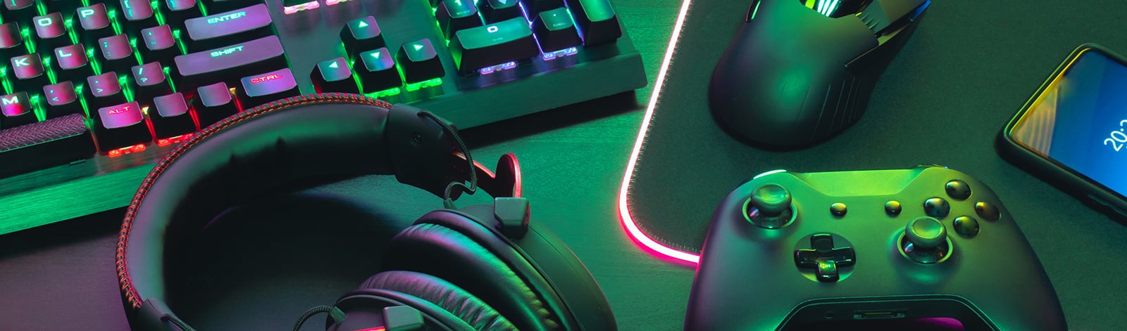 Gamer work space with joystick, keyboard and headset