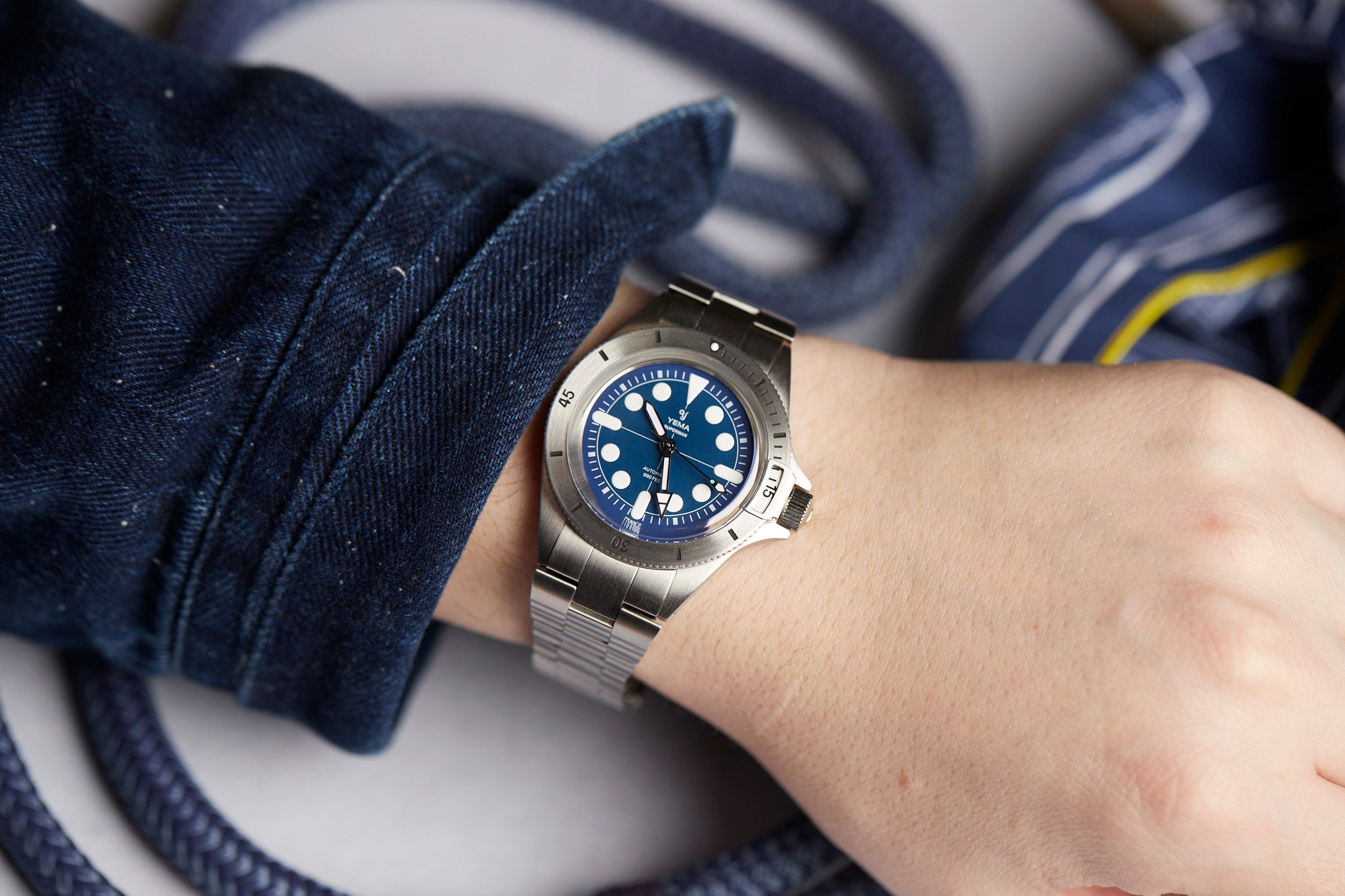 Introducing the Yema x Worn Wound Superman Maxi Dial Blue an Open Windup Watch Shop