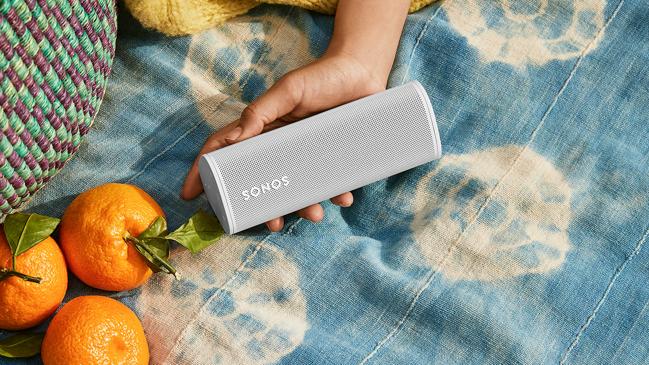 White Sonos Roam on picnic mat next to oranges