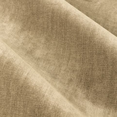 A closeup image of heavy chenille curtain fabric in a natural brown shade.