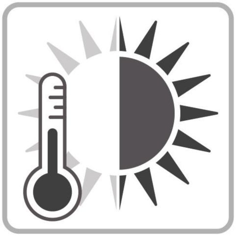 A black and white animated graphic of a sun and a temperature gauge, symbolising a thermal blackout curtain design.
