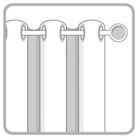 An animated black and white graphic, showing the design of an eyelet curtain heading.